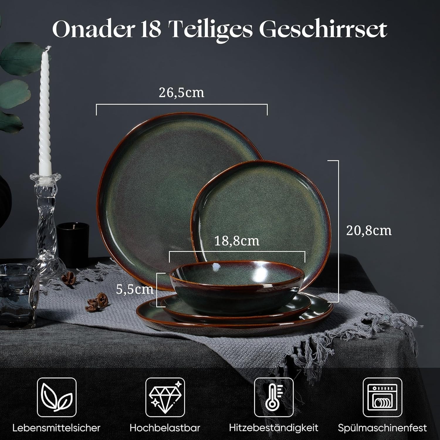 6-personers servisset, 18-delat serveringsset av stengods, oregelbundna runda spannmålsskålar, desserttallrikar, mattallrikar, reptålig mikrovågssäker, reaktiv mossgrön