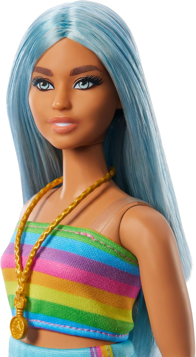 Barbie Fashionistas docka nr. 218 med långt blått hår, regnbågstopp och turkos kjol, 65-årsdag samlardocka, HRH16 Naty Shop Dolls