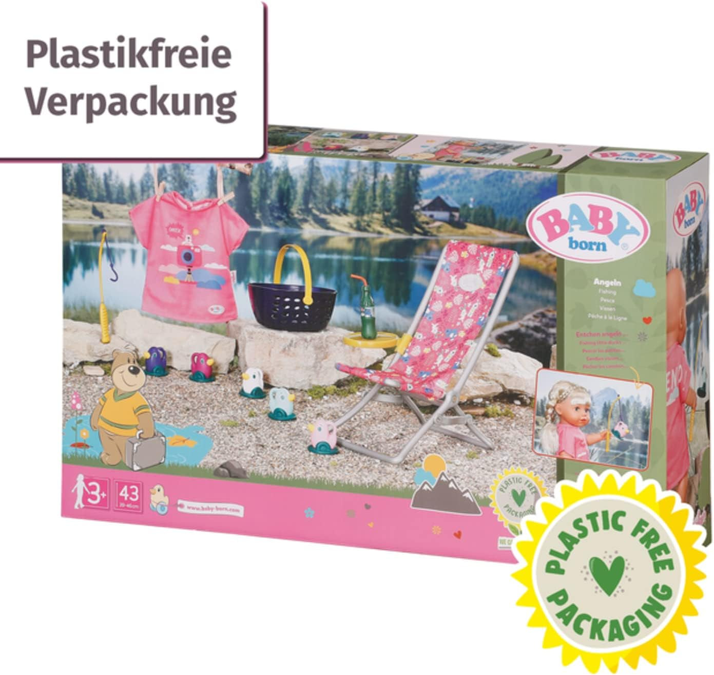 BABY born 832790 Weekend Fishing - Tillbehörsset för fiskedocka med solstol, sidobord, glas, korg, ankungar och fiskespö och rosa långskjorta, rosa