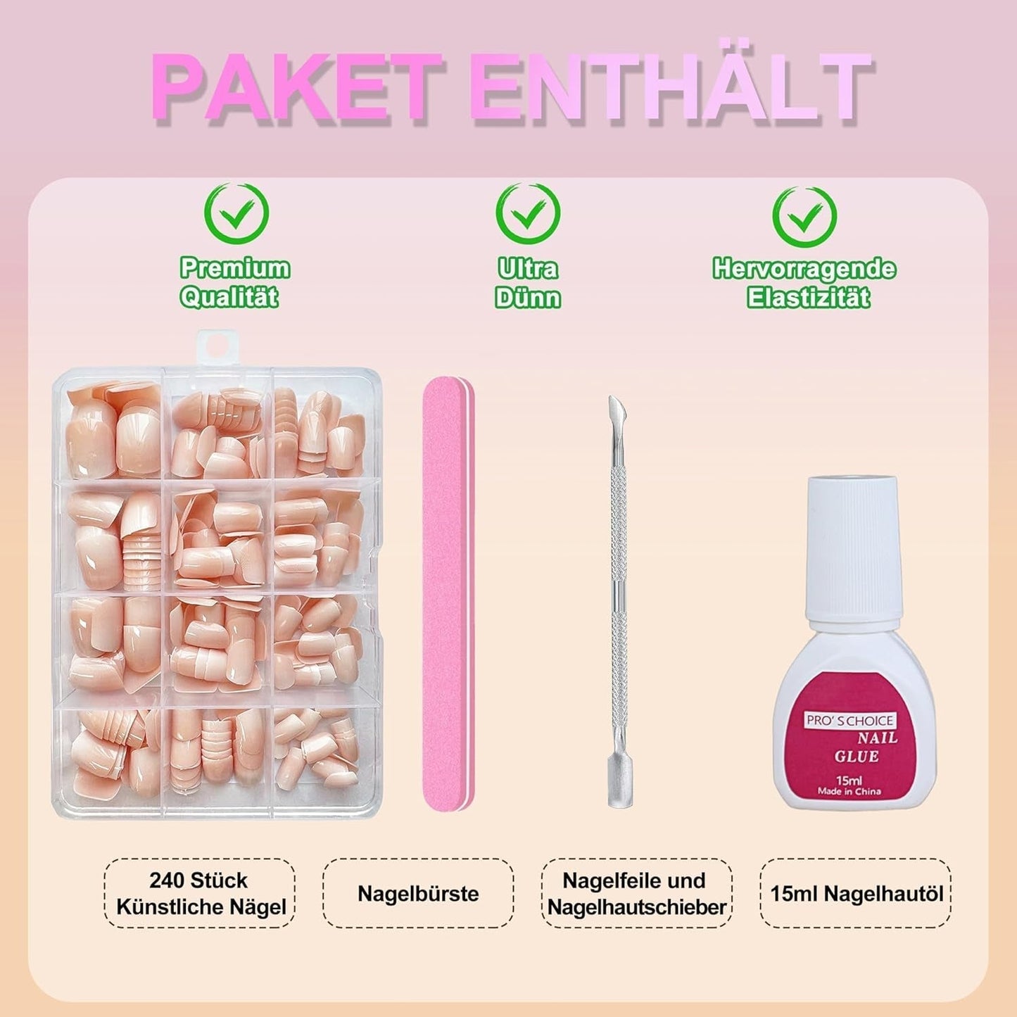 False Nails Set - 240 st Korta fyrkantiga naglar Soft Gel Model Naken Vit Gradient Fake Natural Lime On Fake Nails For Women DIY (Nude Gradient, 240X)