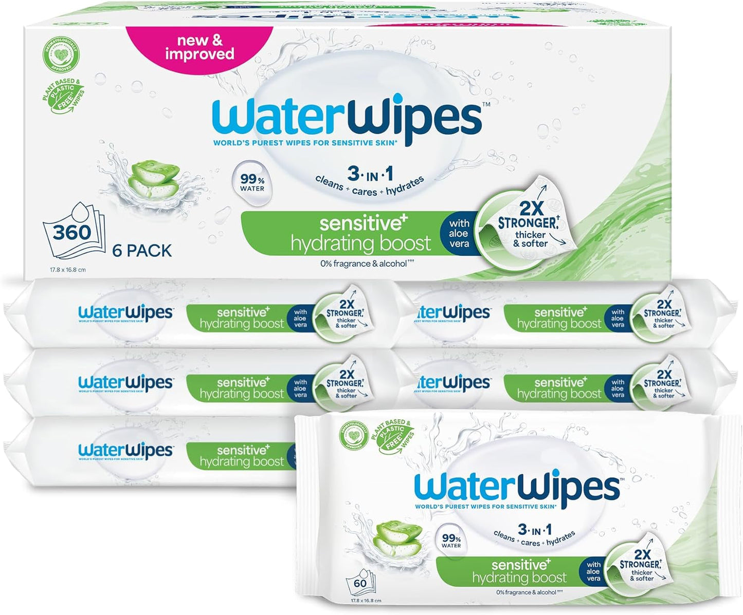 WaterWipes Sensitive+ Hydrating Boost Våtservetter, Hydrating Wipes, 720 Count (12 Pack), 3 in 1 Clean, Care, Hydrate, 99% Aloe Vera Water, Oparfymerade babyservetter