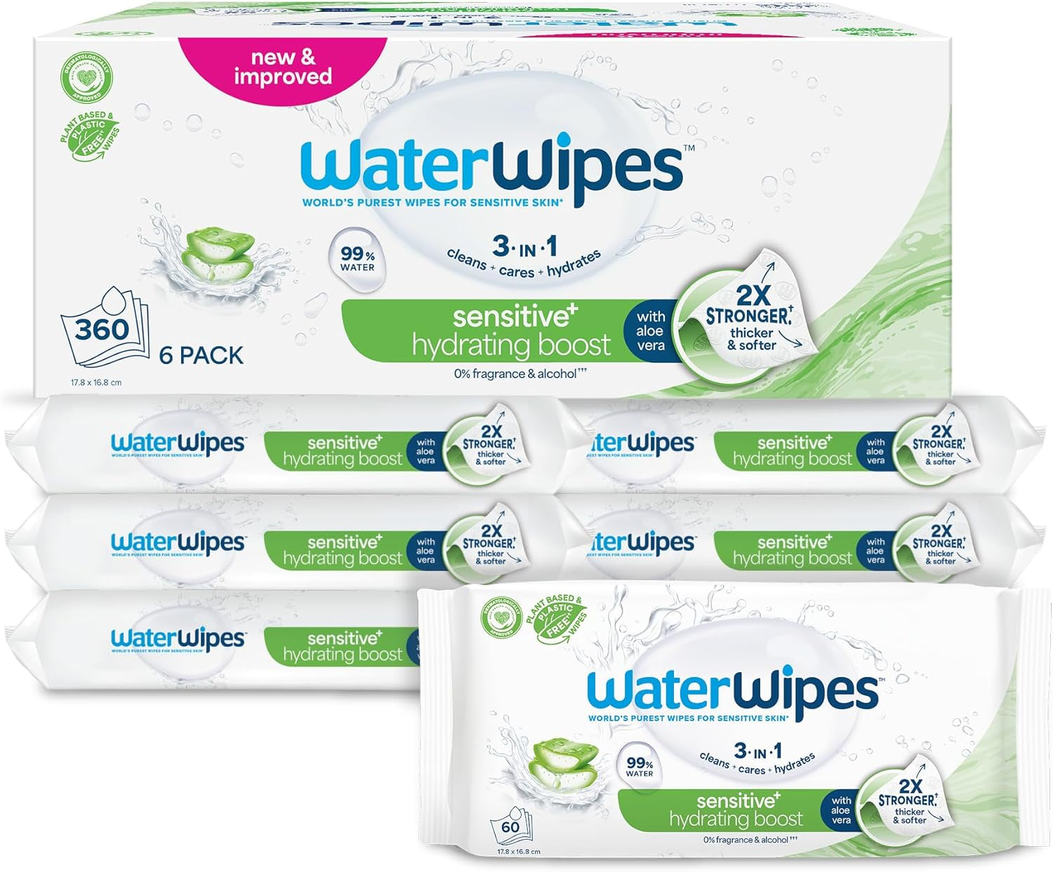 WaterWipes Sensitive+ Hydrating Boost Våtservetter, Hydrating Wipes, 720 Count (12 Pack), 3 in 1 Clean, Care, Hydrate, 99% Aloe Vera Water, Oparfymerade babyservetter