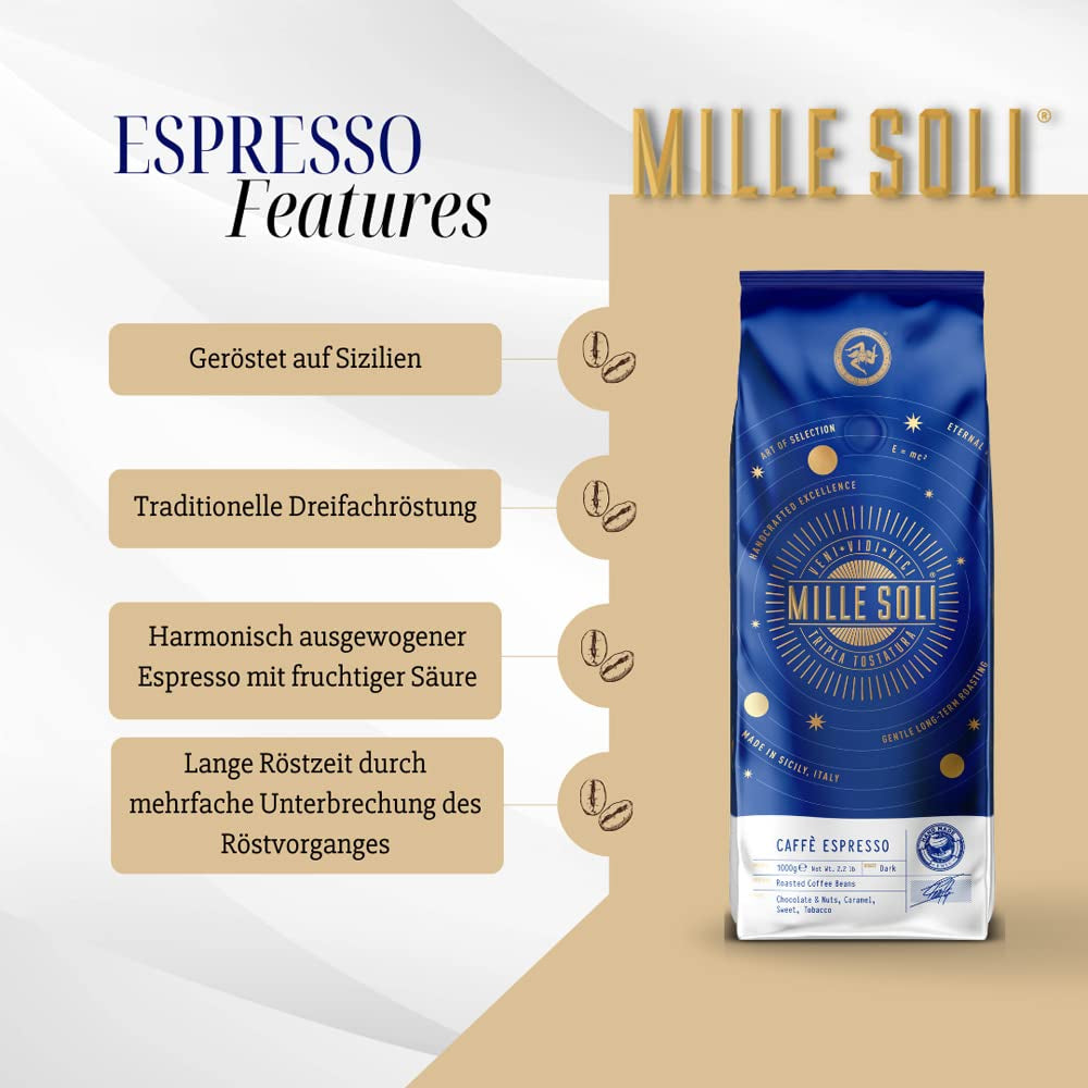 Caffè Espresso - Espressobohnen 1 kg - Traditionell Dreifachröstung In Handarbeit - Premium Kaffeebohnen mit perfekter Crema und besons säurearm für Helautomat und Siebträger