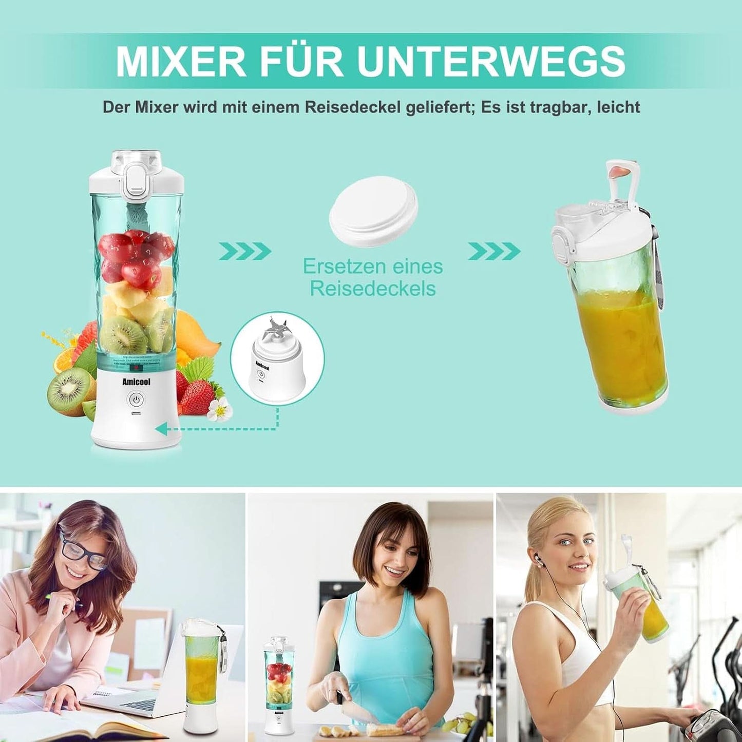Mixer Smoothie Maker to Go, Mini Standmixer Tragbar Mit 6-Klingen Edelstahl, Enstafter Mit Reisedeckel, USB Portable Blender Elektrisch 600Ml Flaska, Mixer Shaker Slushy Maker Wasserdichter Bucatarie Naty Shop