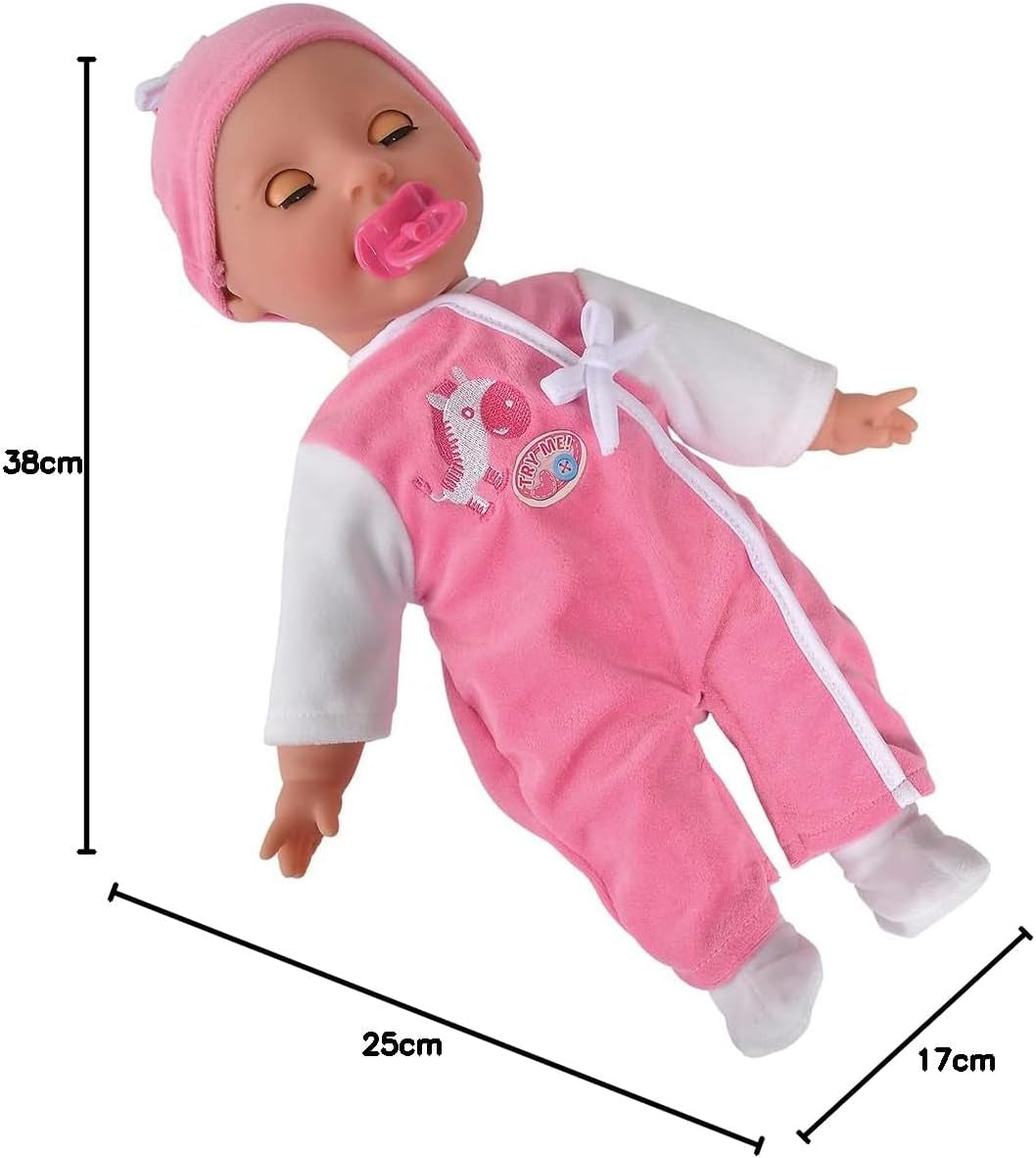 Simba 105140489 - Laura Baby Talk Doll, 38 cm mjuk kroppsdocka med sömniga ögon i söt jumpsuit, 24 babyljud, lekdocka, babydocka, 2+