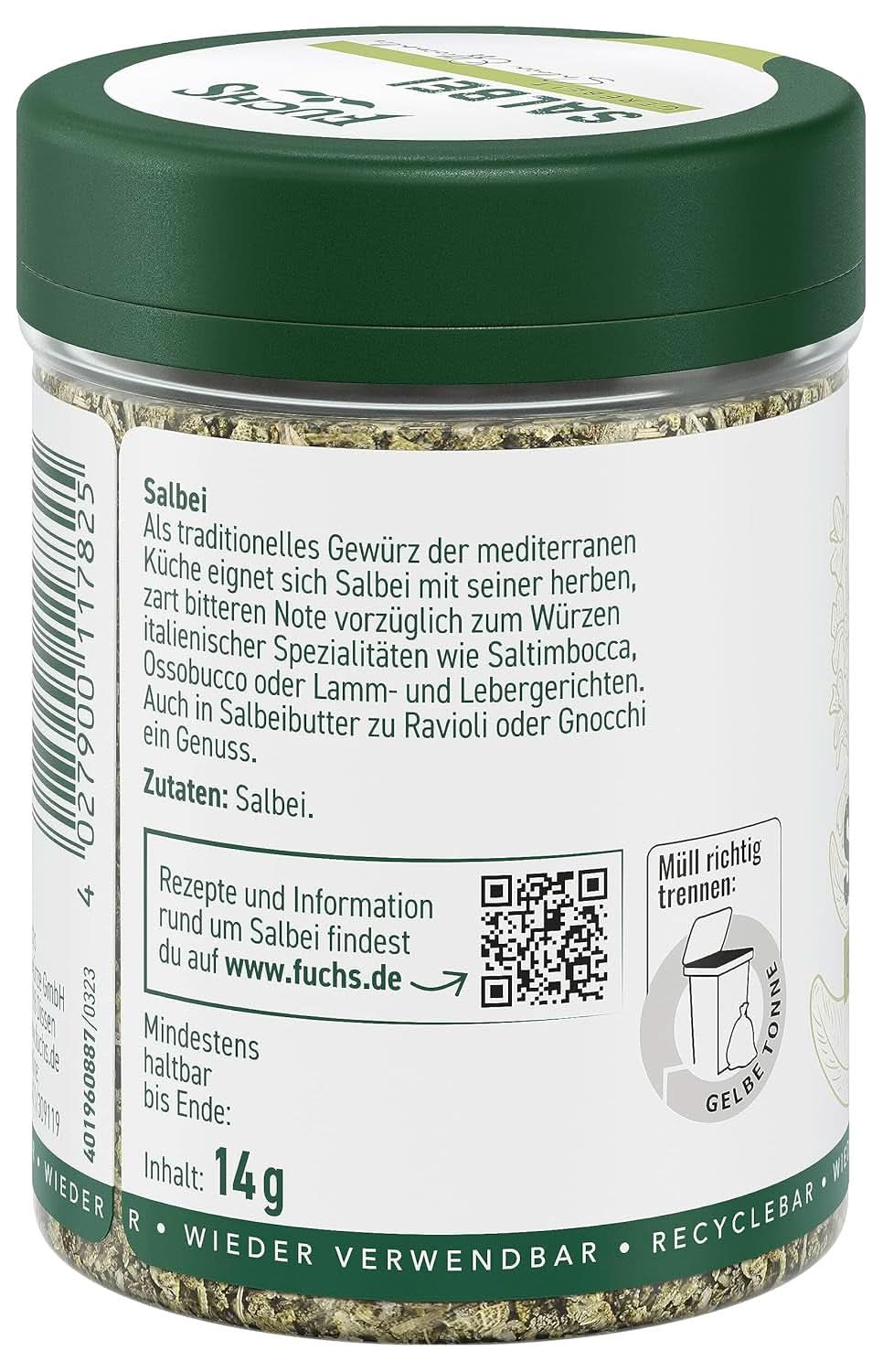 Fuchs, salvia, syrlig ton, delikat bitter för ravioli eller gnocchi, 14 gram kryddor Naty Shop