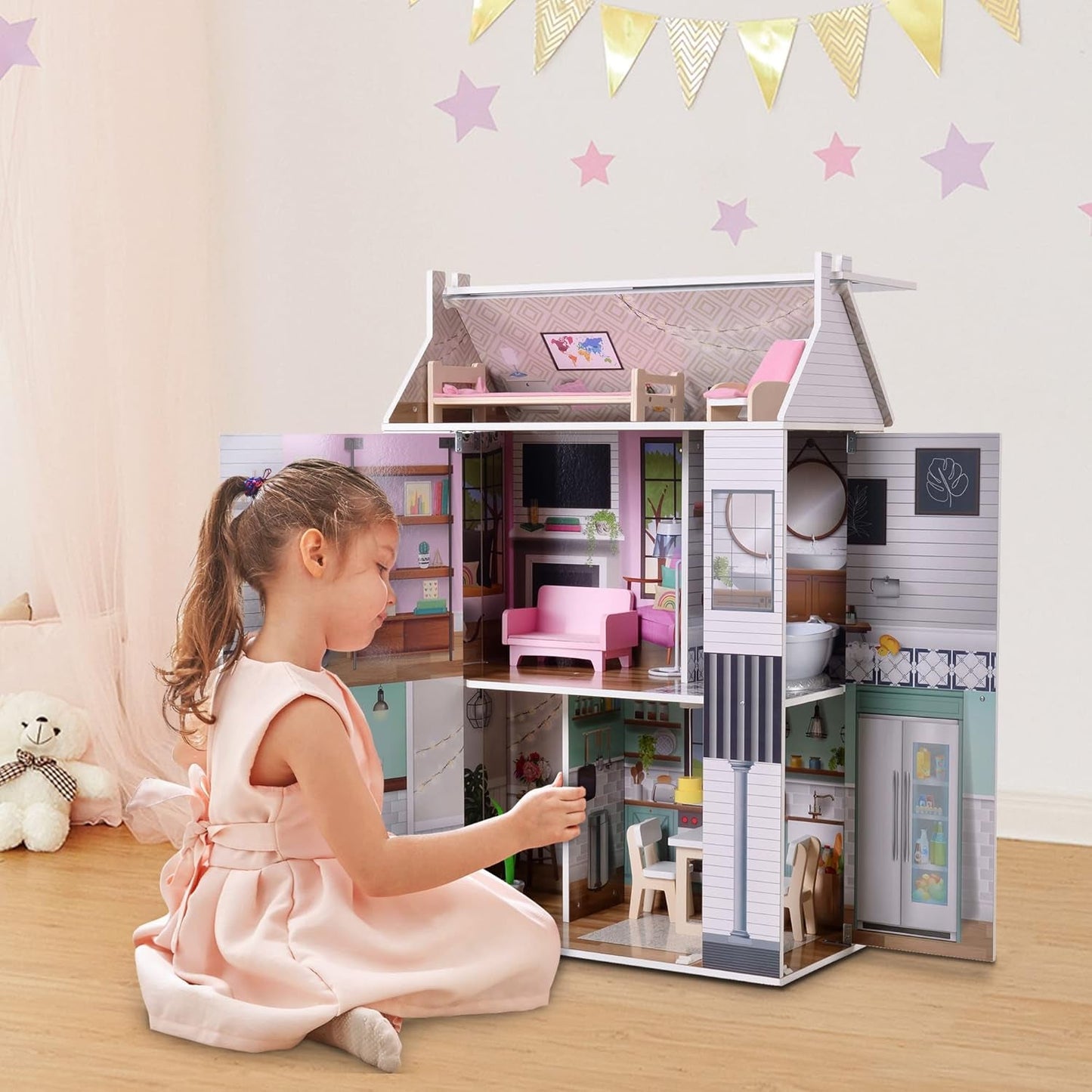 Olivia's Little World Dreamland 3-lagers interaktivt dockhus i trä med 13 tillbehör till dockmöbler Vit TD-13632A