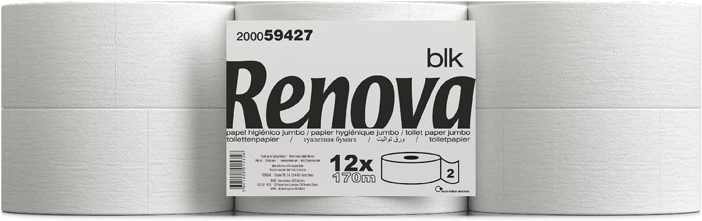 Toalettpapper Renova Jumbo BLK, 12 rullar vid 170 M, vitt papper, 2 lager