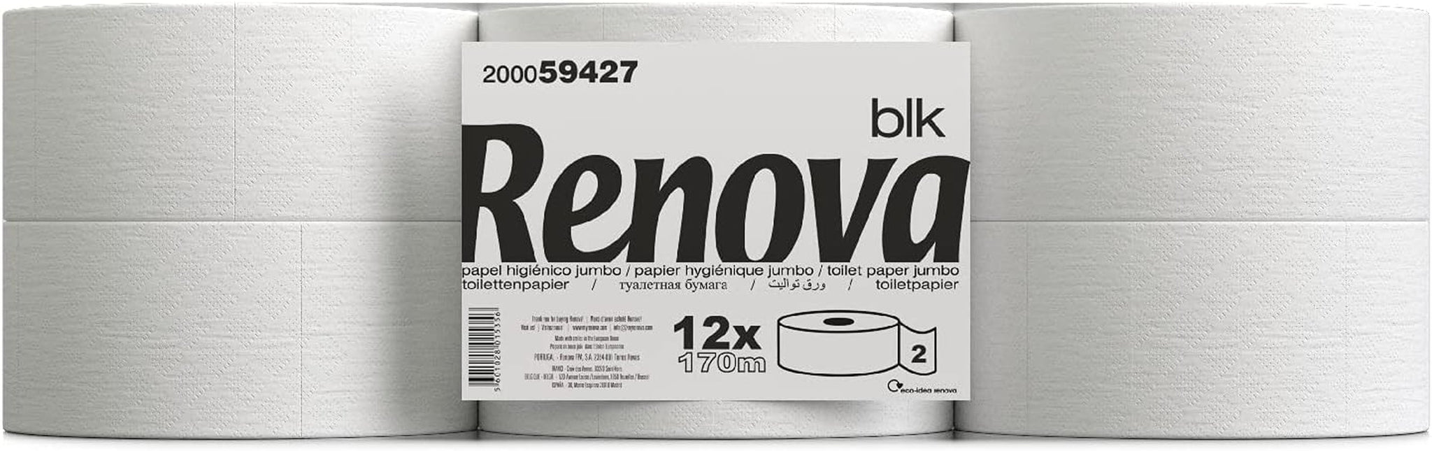 Toalettpapper Renova Jumbo BLK, 12 rullar vid 170 M, vitt papper, 2 lager