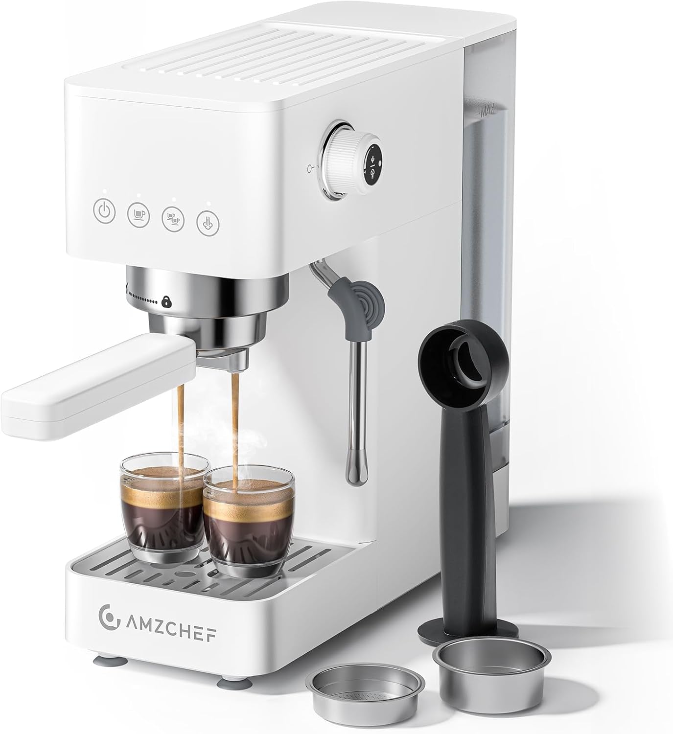 AMZCHEF 20 bars espressomaskin, LED-skärm, professionell mjölkskummare och ånglans av rostfritt stål, 1,5 l avtagbar tank, 1350 W snabbuppvärmning, vit