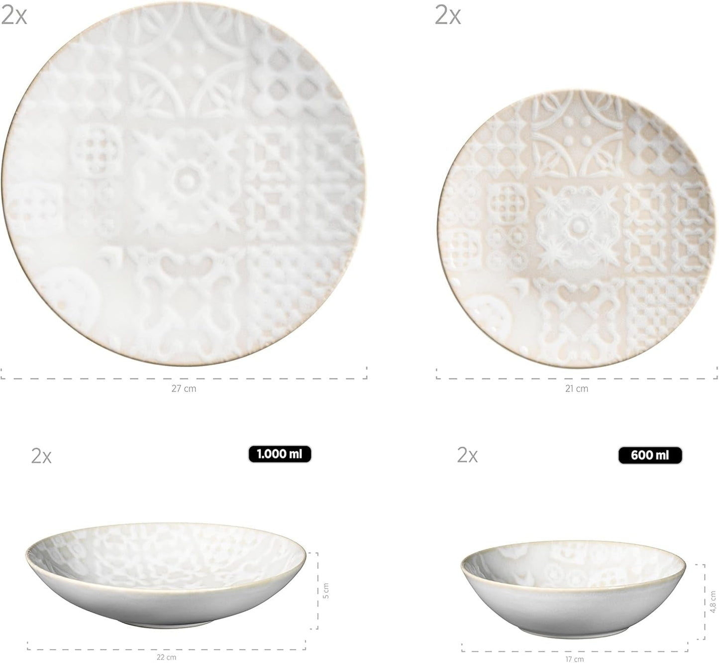 MÄSER 935079 Modern vintage servisset för 2, morisk design, 8-delad bordsservering, högkvalitativa keramiska tallrikar och skålar, stengods, vit