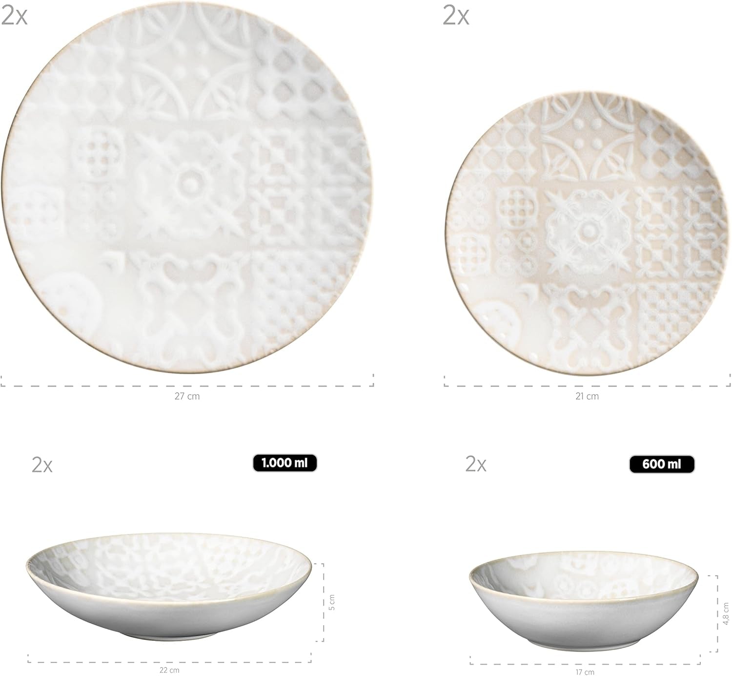 MÄSER 935079 Modern vintage servisset för 2, morisk design, 8-delad bordsservering, högkvalitativa keramiska tallrikar och skålar, stengods, vit