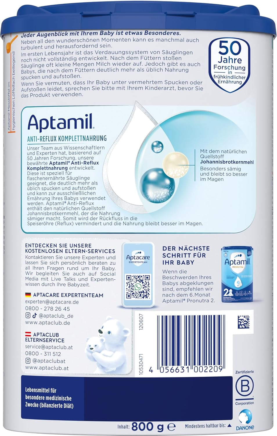 Aptamil Anti-Reflux - Komplett formel från födseln Kosthantering Kräkningar & uppstötningar Babymat Mjölkpulver 1 x 800g