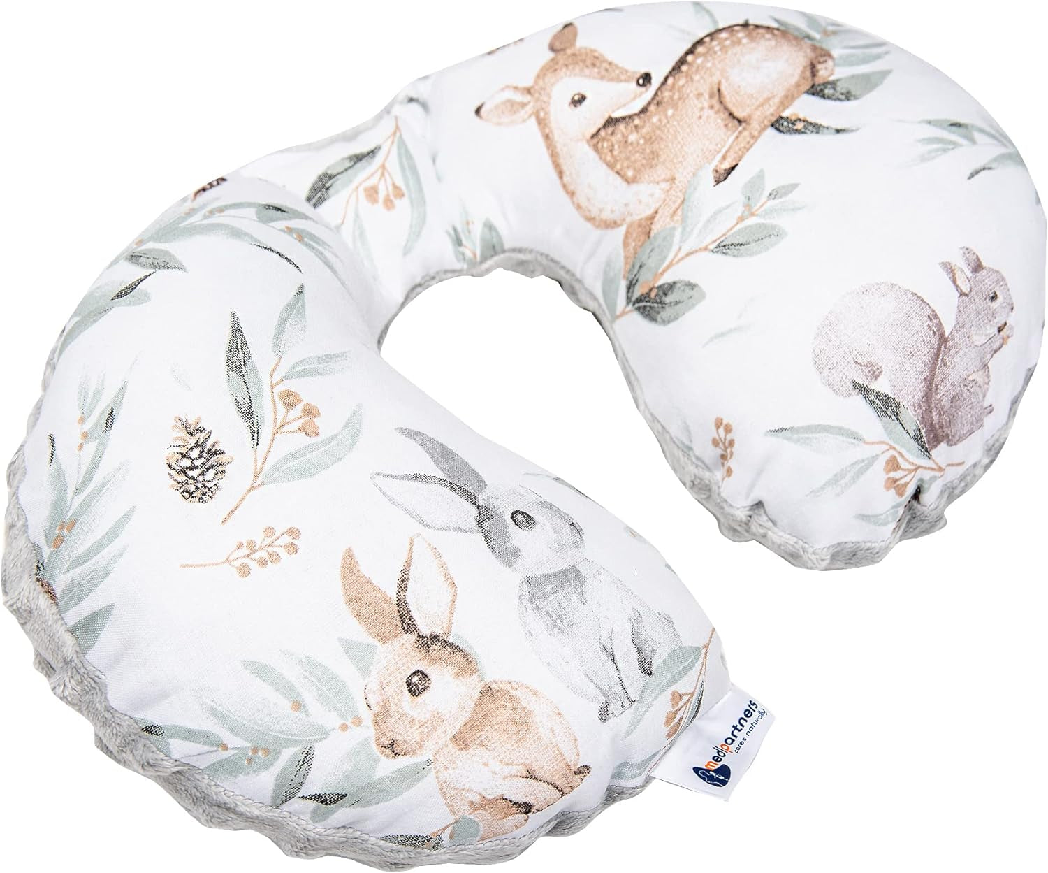 Medi Partners Baby nackkudde Nackstöd 100% bomull / minky baby nackkudde för bilvagn resor sömn nackkudde snooze roll (REH med grå Minky) Cervikala ortopediska kuddar Naty Shop Deer i löv med grå minky