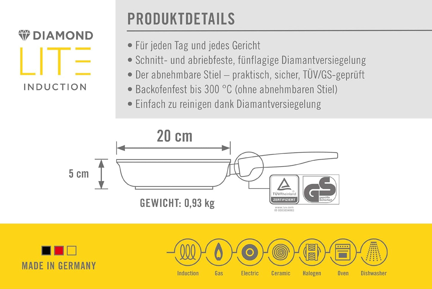 Woll Diamond Lite platt panna - Induktion -, Ø 20 Cm, 5 Cm höjd, Med avtagbart handtag - Lämplig för alla typer av hällar, Gjuten aluminium, Non-stick beläggning Grytor och kastruller Naty Shop