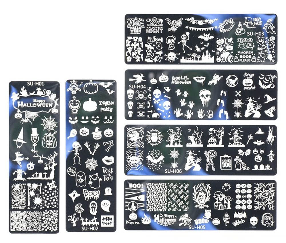 JMEOWIO Nail Stamping Stencils Halloween 6 Stück Nagelstempel Stencils Nail Art Dekoration Nageldesign Zubehör Böse Gruselige Kürbis-Geisterhexe