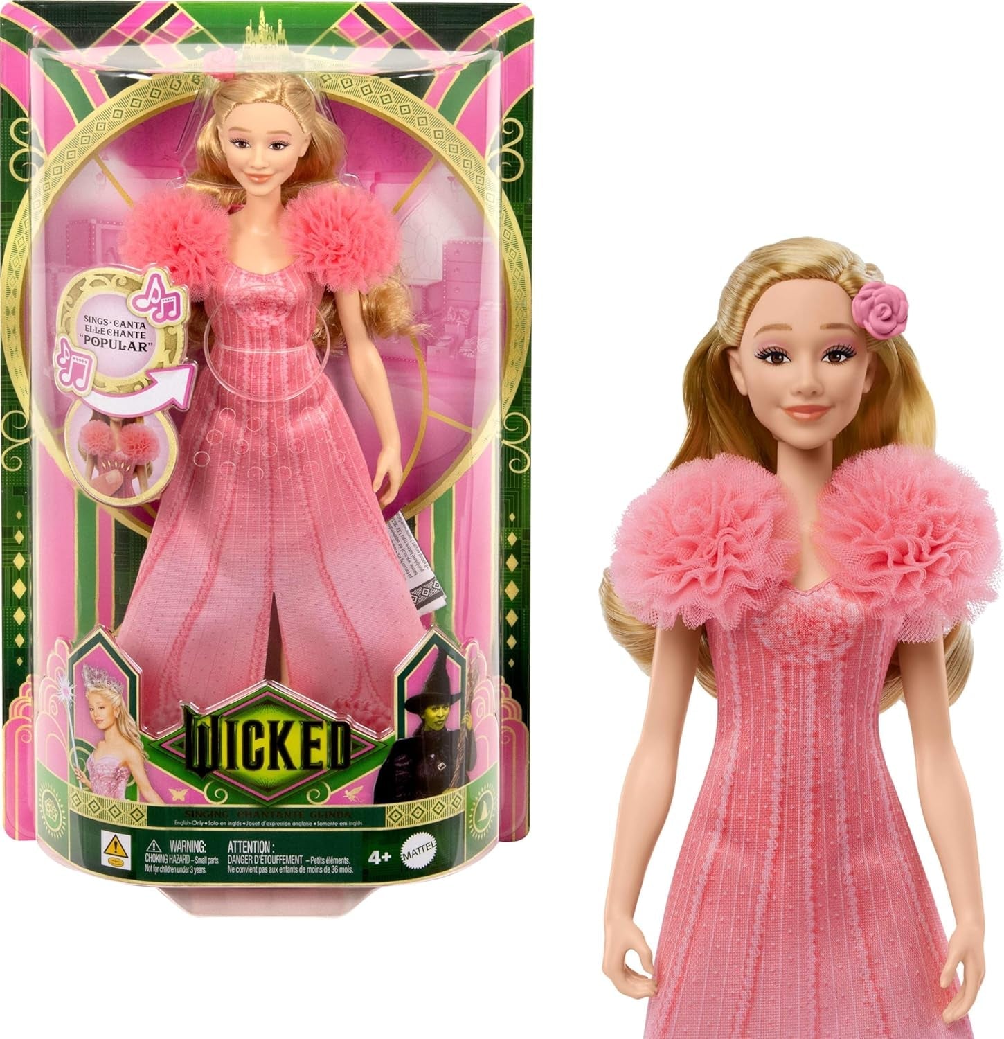 Mattel Glinda från Wicked and Accessories Ledad filminspirerad docka med avtagbar outfit Sings Loved by Us JLG49 Pink