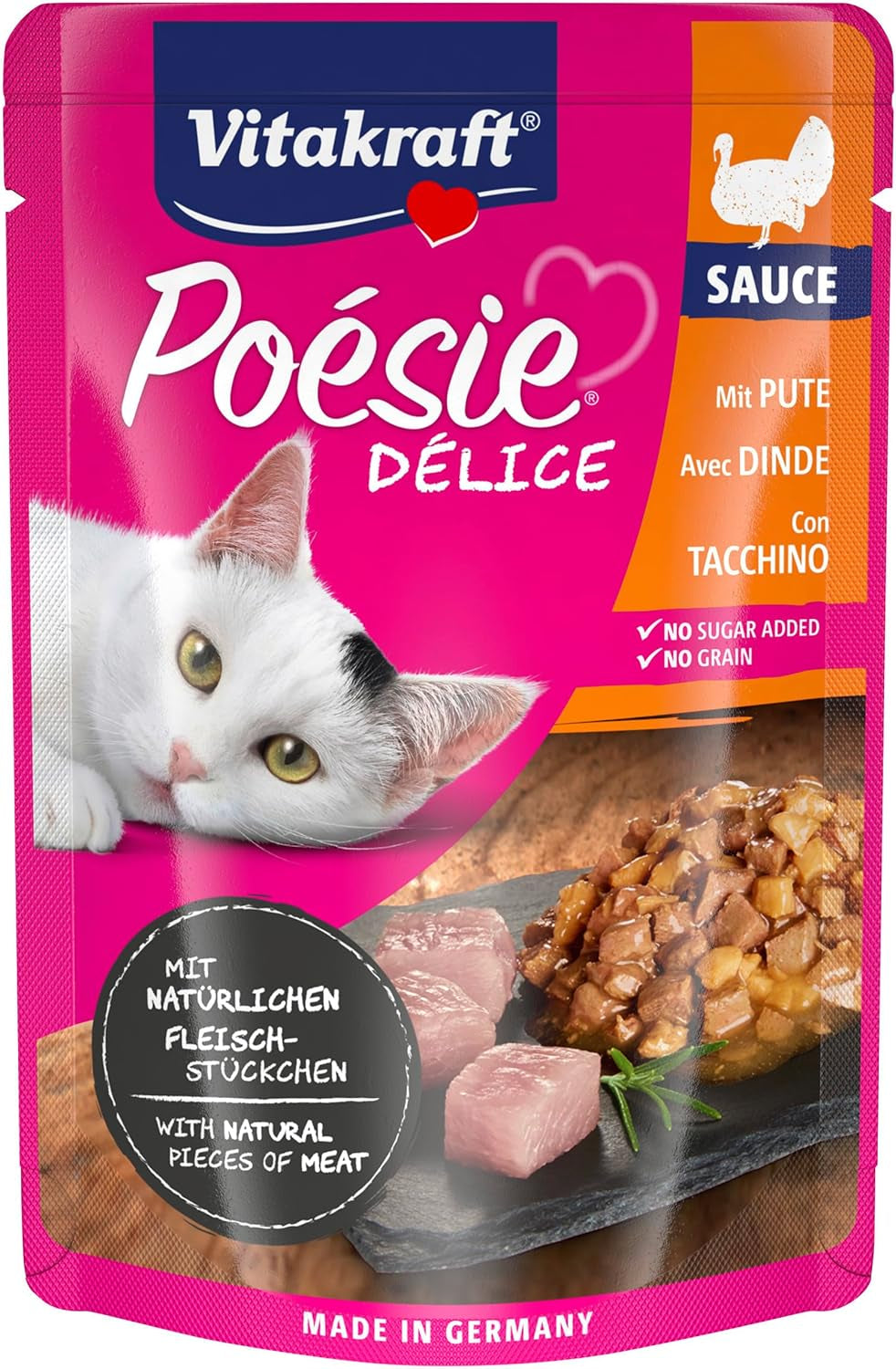 Vitakraft Poésie Délice, våt kattmat, kattmat i sås, med kalkon, bulkförpackning, utan tillsatt socker eller spannmål (23 x 85g)