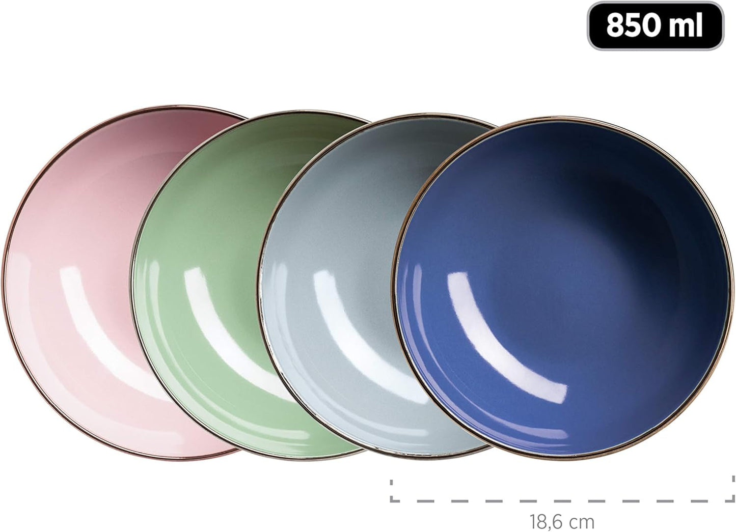 MÄSER 931870 Metallstomme, Modernt servisset för 4 personer med mässingsfärgat ram, 16-delat kombinationsset med coupéformer utan ram, Flerfärgad, Stengods, Pastel'n'Blue