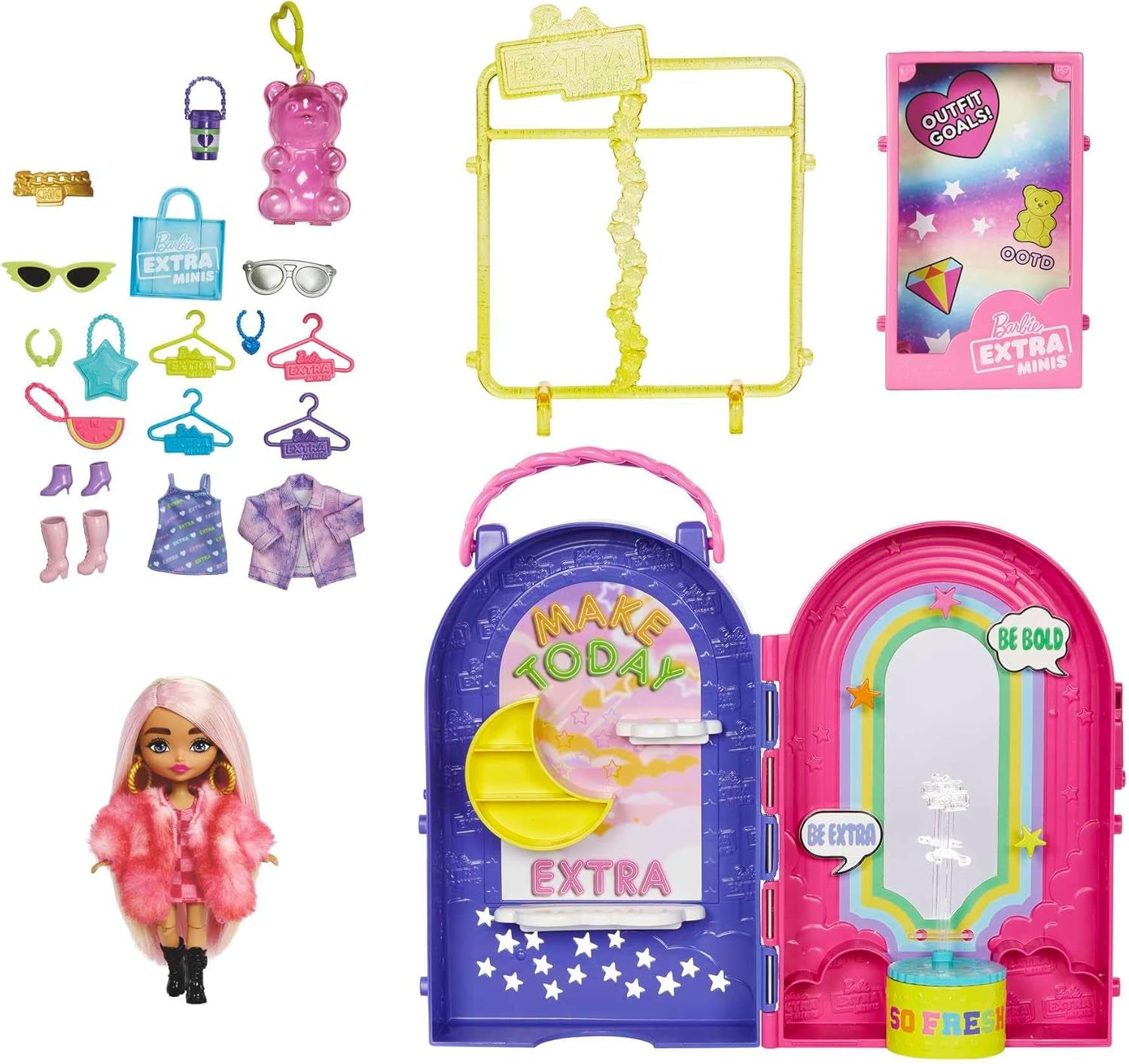 Barbie Extra Minis, extra minidocka och boutique-lekset, garderob med skåp, hyllor, speglar, 360-plattform, extra minidocka med rosa hårtillbehör, HHN15