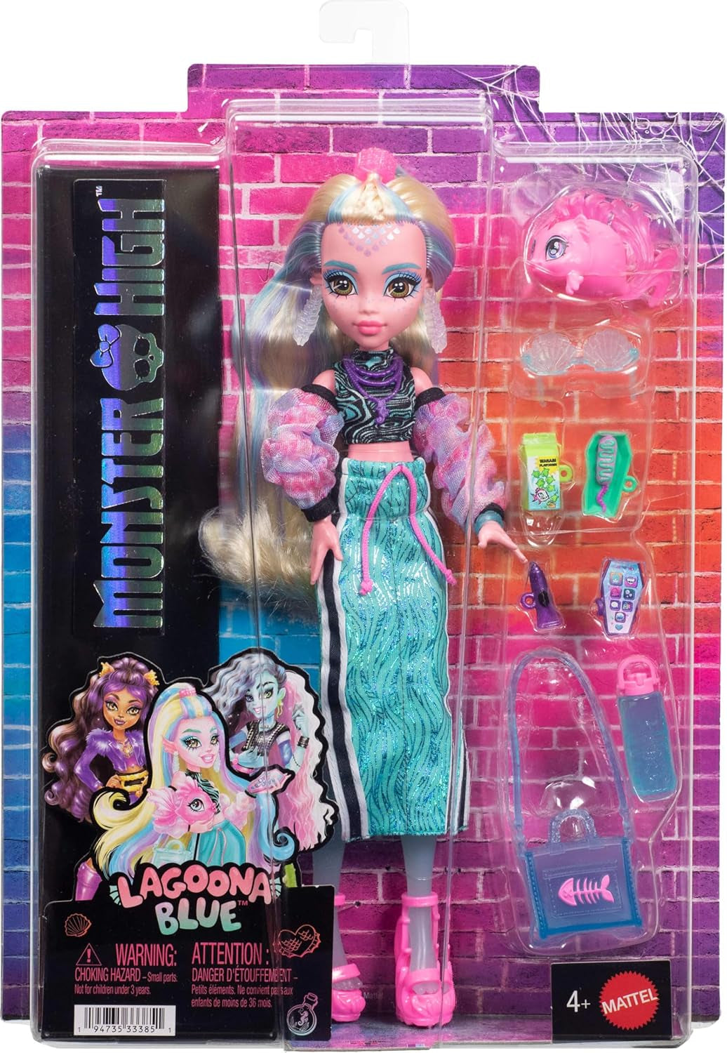 Monster High Lagoona Blue Neptuna Fish Short Top och Sport Maxi Skirt Doll med 7 tillbehör inklusive Shell Solglasögon, Snack och Bag, JHK33