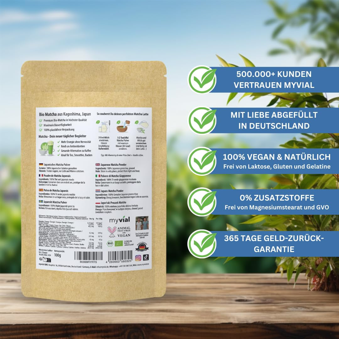 Ekologiskt Matcha Tea Premium Pulver 100g Grönt te av högsta kvalitet från Japan Kagoshima - Perfekt för Smoothie Matcha Latte Japanskt Grönt Te Vegansk utan tillsatser Plastfri förpackning