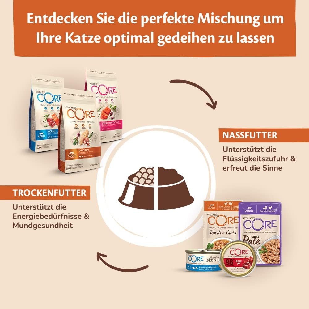 Wellness CORE Signature Selects 8 x 79 g, kyckling- och kalkonblandning - våt kattmat, läckra strimlor i sås, spannmålsfria, naturliga, allergivänliga, proteinrika, mycket kött