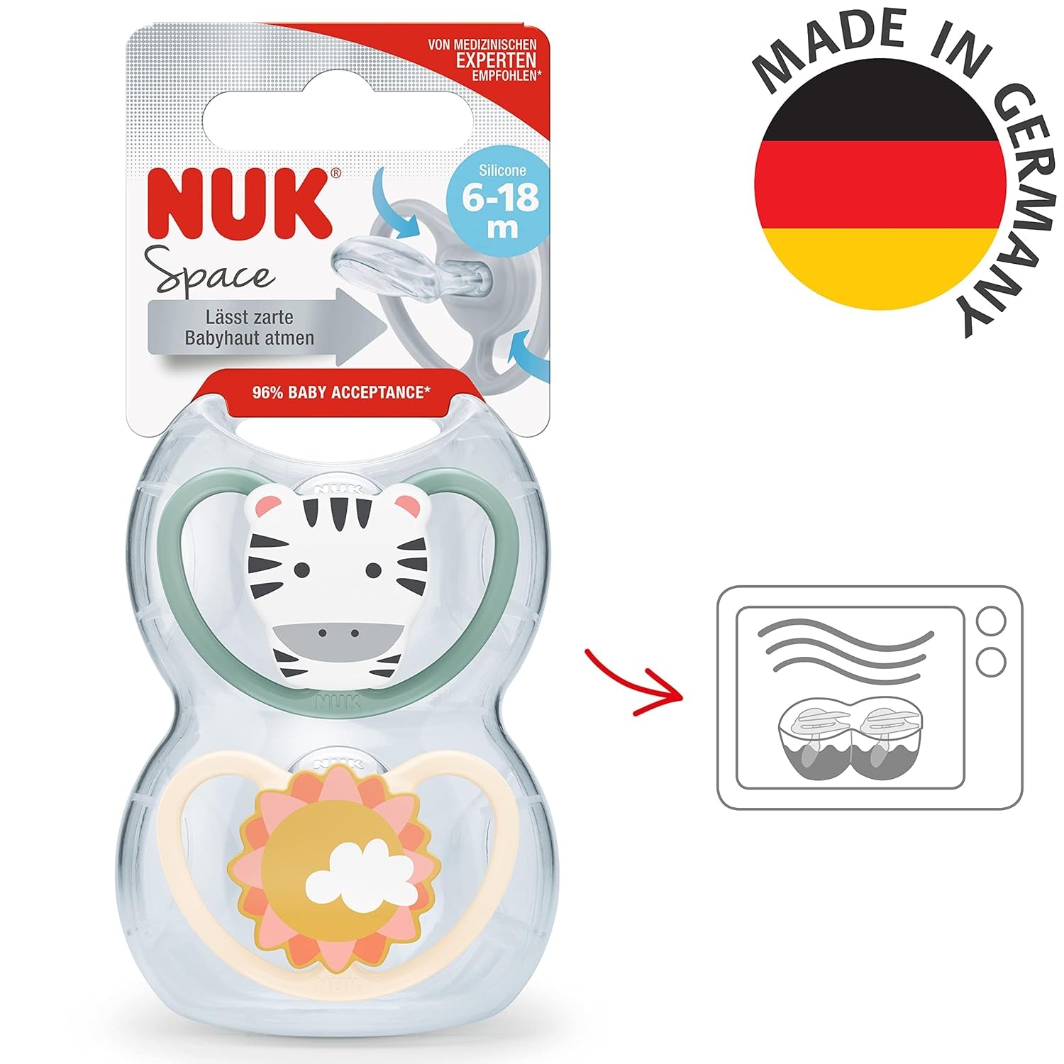 NUK Space Babynapp 6-18 månader, extra stora öppningar för känslig hud, BPA-fritt silikon, zebramönster, 2-pack
