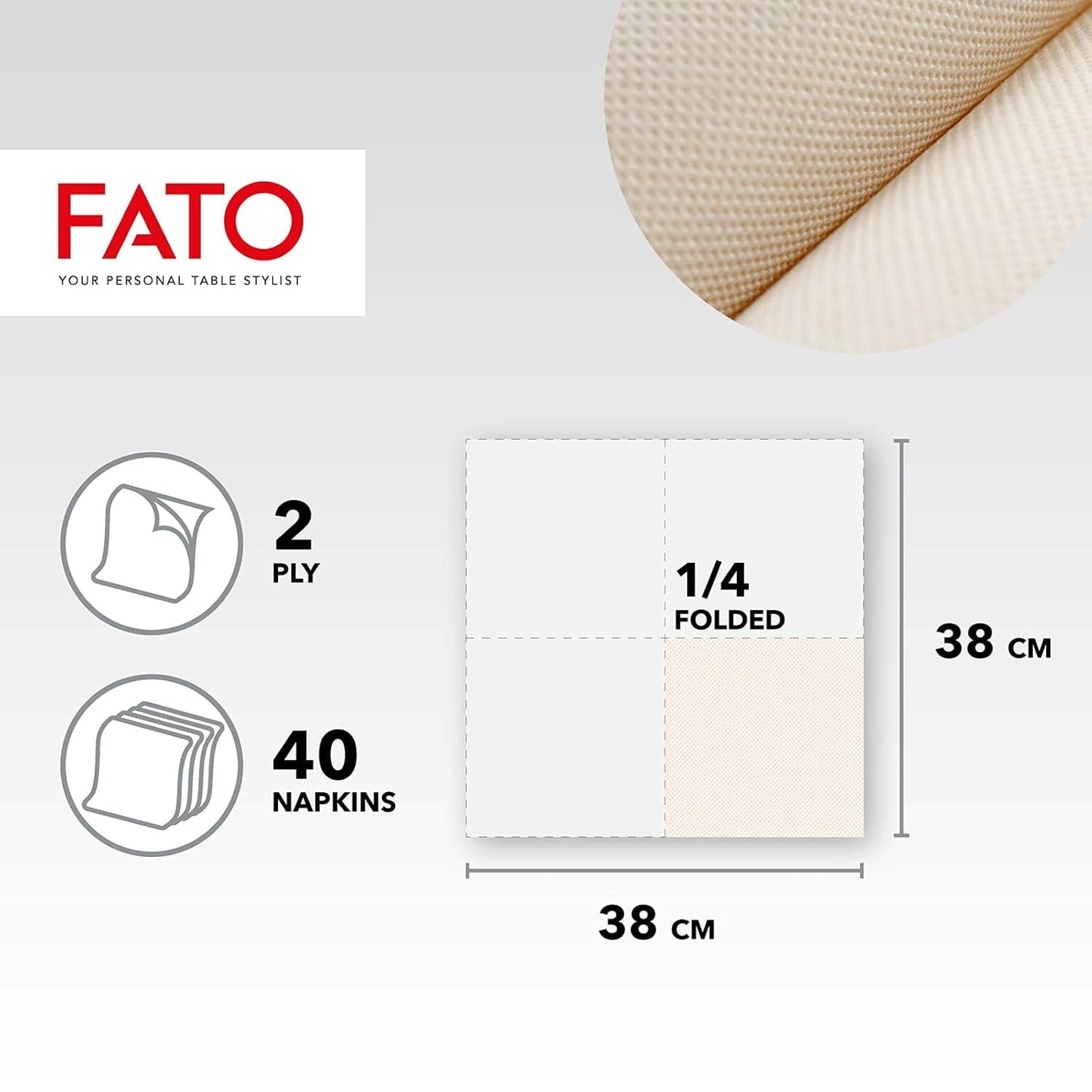 Fato - Naturliga 4-faldiga engångspappersservetter, miljövänliga, 40-pack, storlek 38X38, 2-lagers, 100 % återvunnet papper