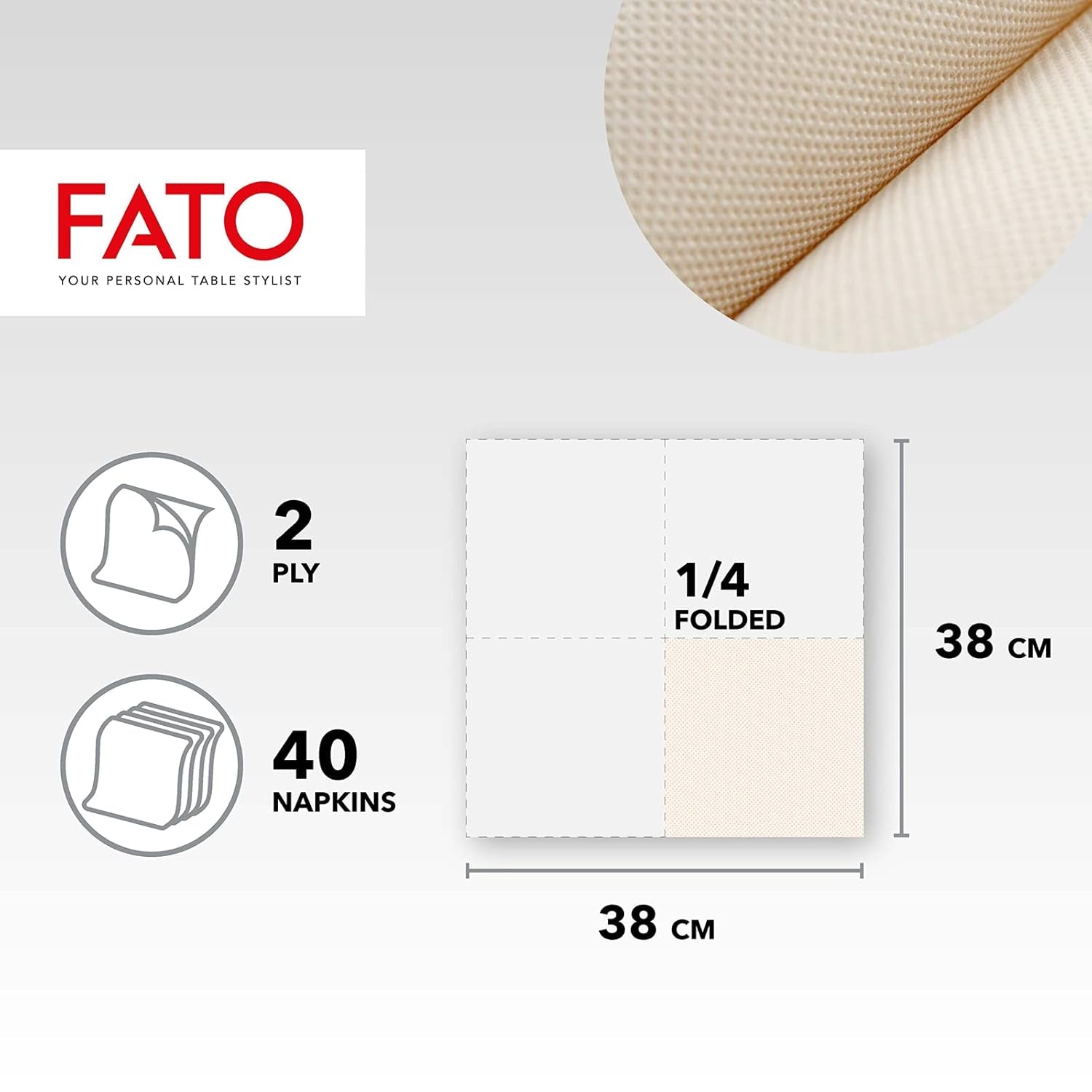 Fato - Naturliga 4-faldiga engångspappersservetter, miljövänliga, 40-pack, storlek 38X38, 2-lagers, 100 % återvunnet papper
