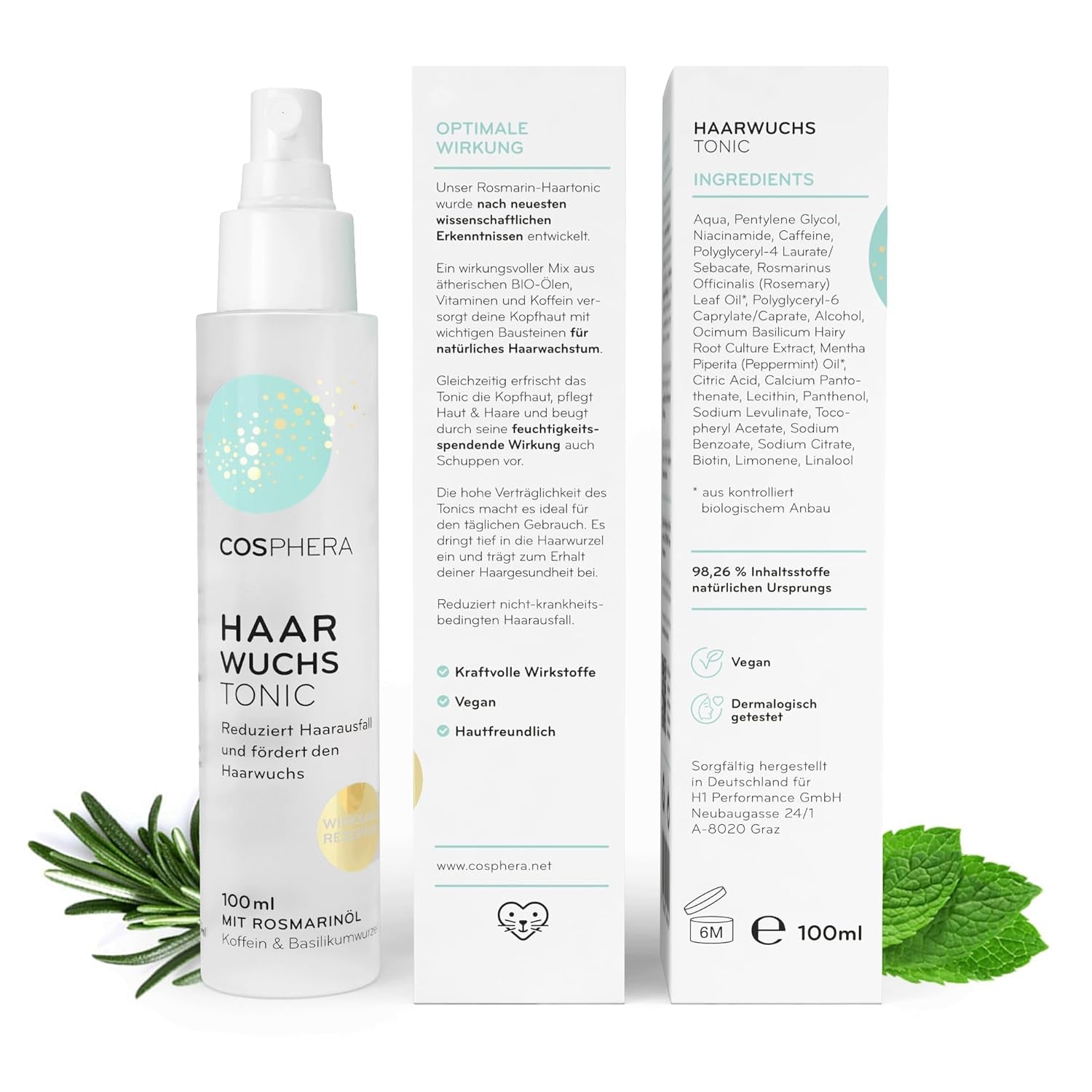 Rosemary Oil Hair Tonic Spray 100ml - Rosemary Oil Spray accelererar naturligt hårväxten - Hårväxtmedel för kvinnor och män - Håravfallsserum - Rosemary Hair Oil från Cosphera Hair Care Naty Shop