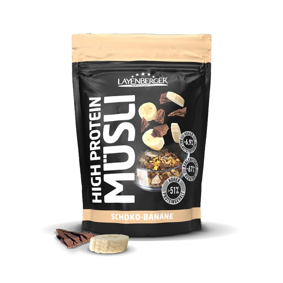 Layenberger 3K High Protein Müsli, 50% Eiweiß Och 18% Kohlenhydrate - Single Pack (1X 390 G) - Schoko-Nuss Cereale Naty Shop 390 G (1Er Pack) Schoko-Banana