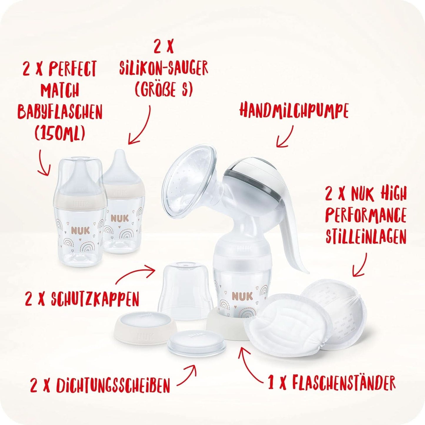 NUK manuell bröstpumpset, mjuk silikonkudde, 2 perfekt kombinerade flaskor, 150 ml Tillbehör Mat och amning Bebe Naty Shop
