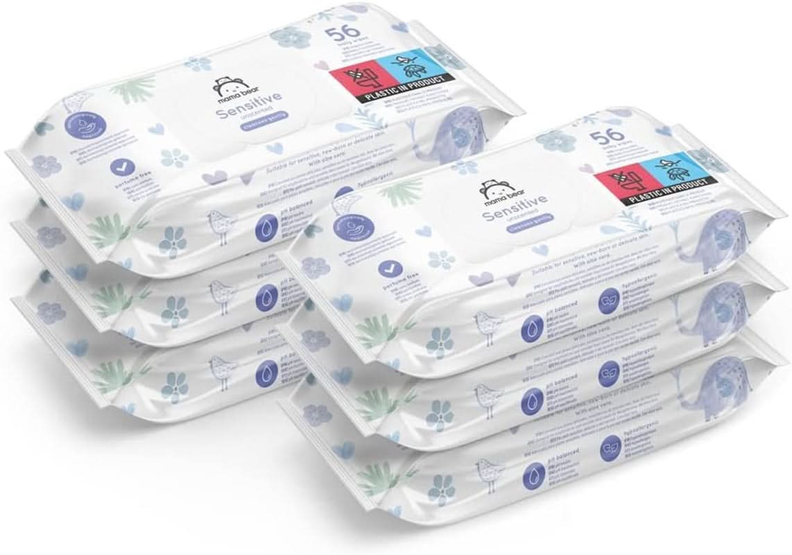 Naty Shop Mama Bear Sensitive Baby Wipes Oparfymerade 56 Count (pack om 6)