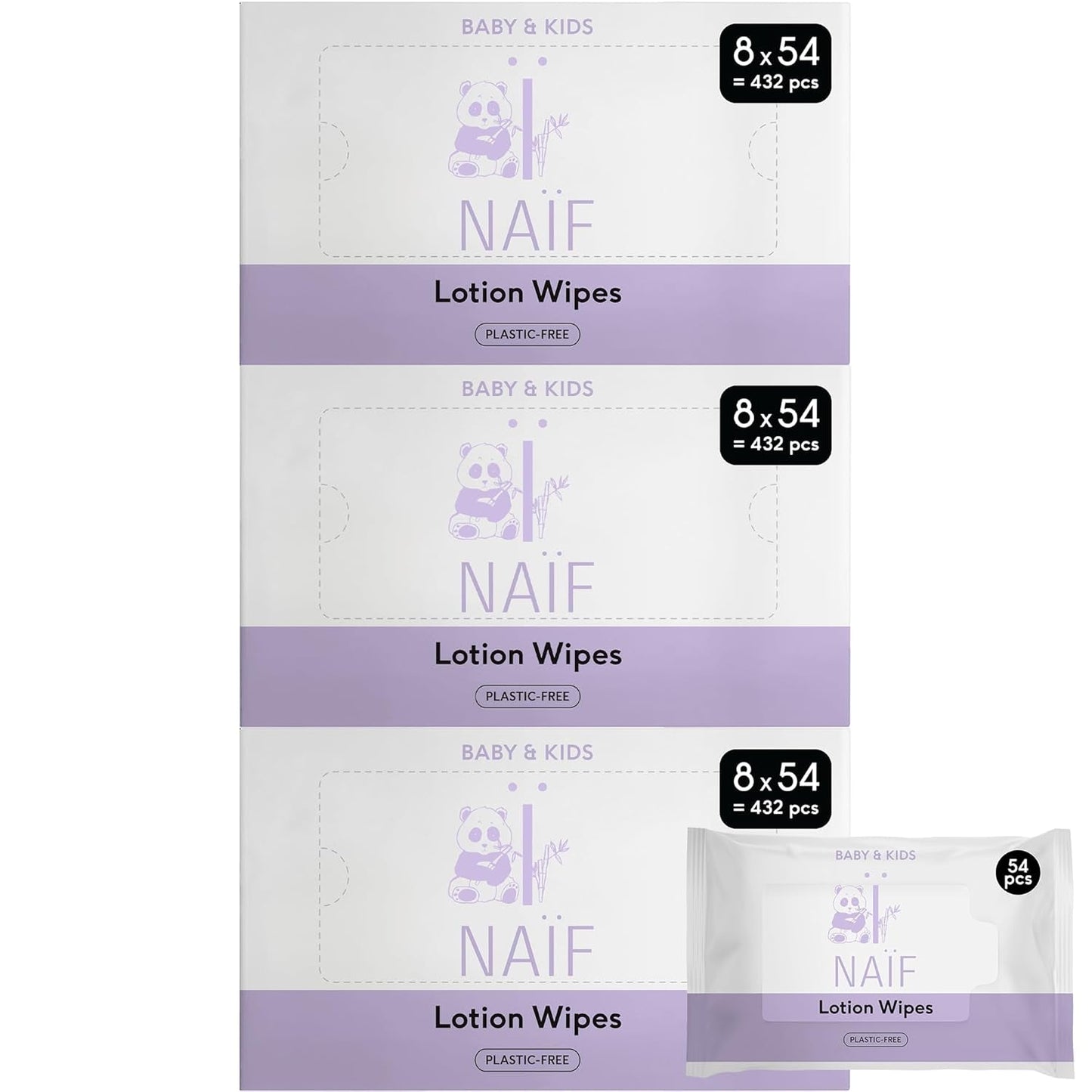 Naïf - Våtservetter med plastfri lotion - 1296 stycken (24 förpackningar med 54 våtservetter) - för spädbarn och barn - Babyrumpa, kropp och ansikte - med Aloe Vera och bambu - 0% doft och alkohol