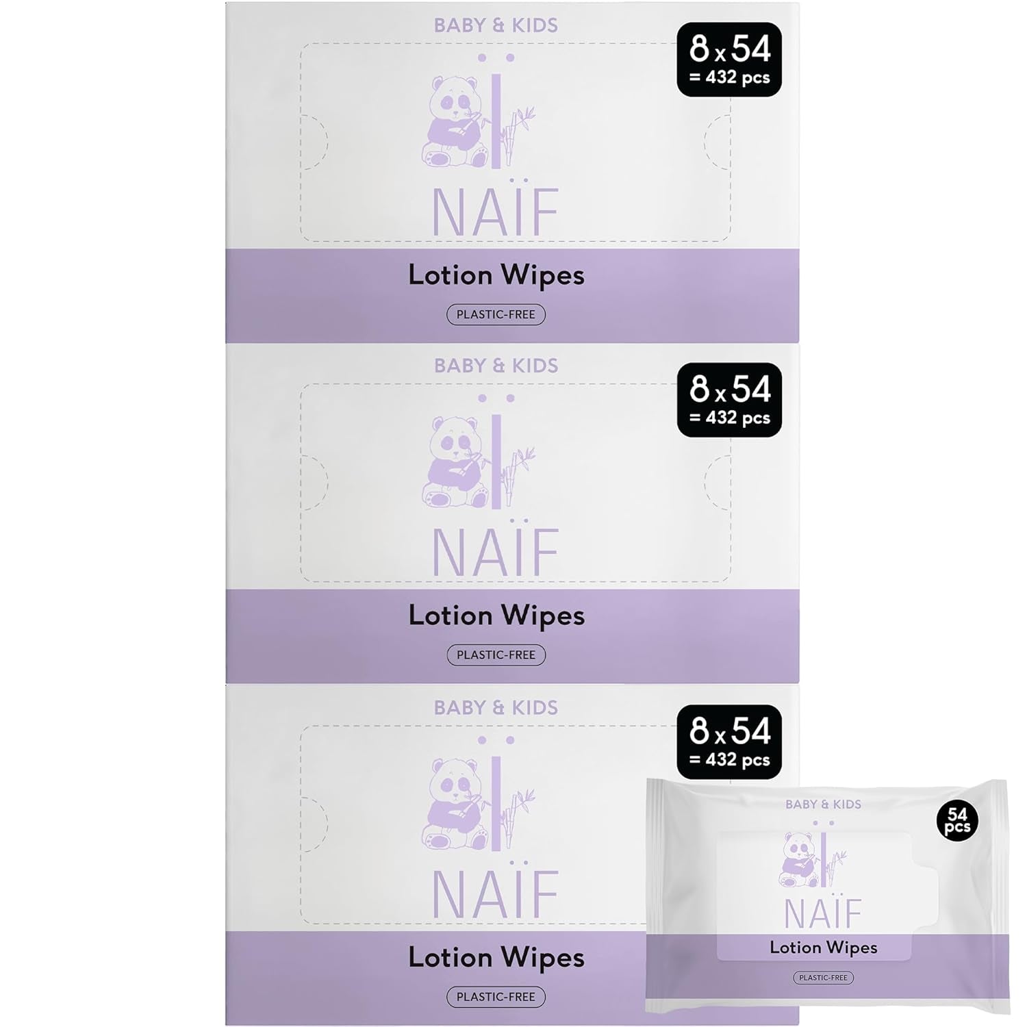 Naïf - Våtservetter med plastfri lotion - 1296 stycken (24 förpackningar med 54 våtservetter) - för spädbarn och barn - Babyrumpa, kropp och ansikte - med Aloe Vera och bambu - 0% doft och alkohol