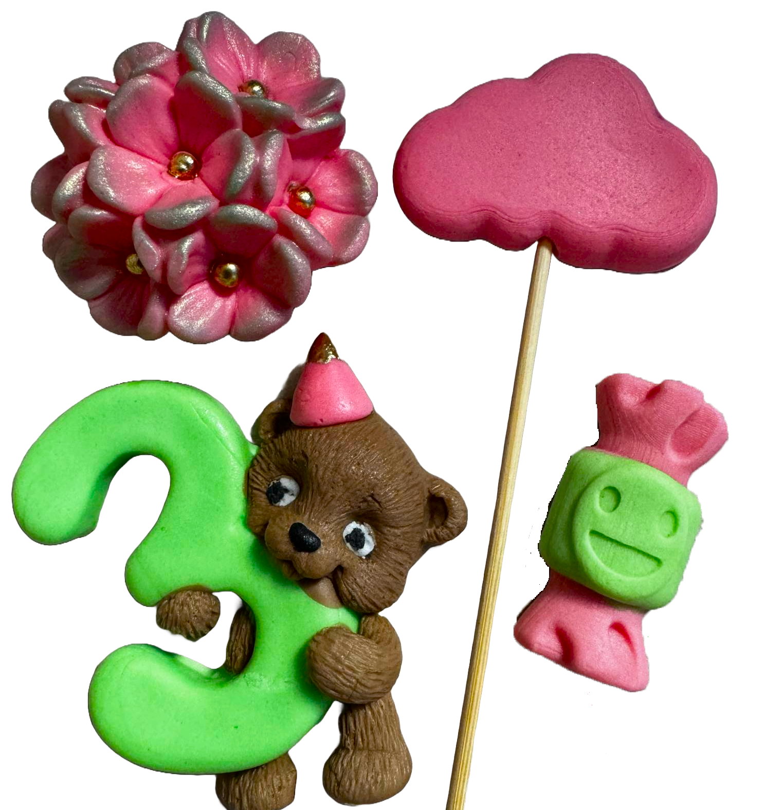 Set med 4 ätliga sockerdekorationer, 3 ÅR Sugar Paste Decorations Naty Shop