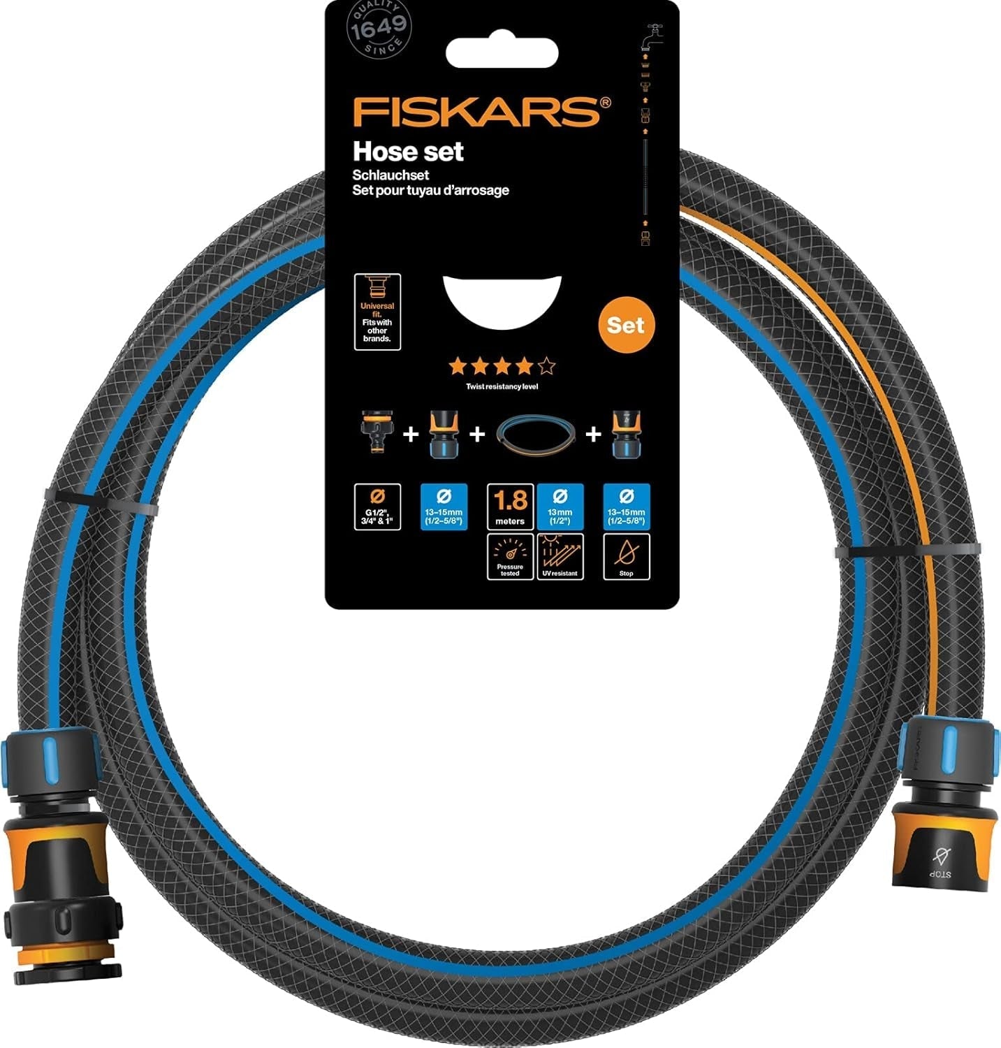 Fiskars vattenhjul vattenslangsats med 2 slanganslutningar och krananslutning, universell storlek, vridstyvhetsnivå 4 (av 5), 1,8 m, Ø1,3-1,5 cm (1/2-5/8"), svart/orange/blå, 1057621