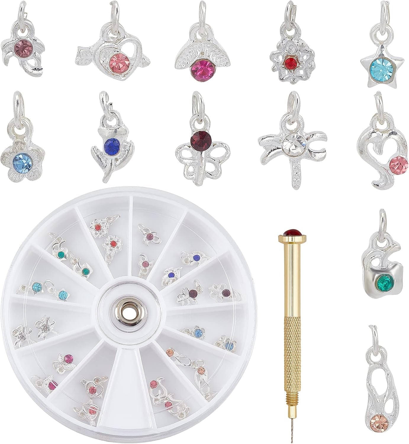 OLYCRAFT 24st Nagelschmuck Ringe Dangle Nail Art Zubehör Mit Nagelpiercing Tool Nagelbohrer Manueller Bohrer Aus Legierung Für Tips, Acryl, Gele Und Dekorationen
