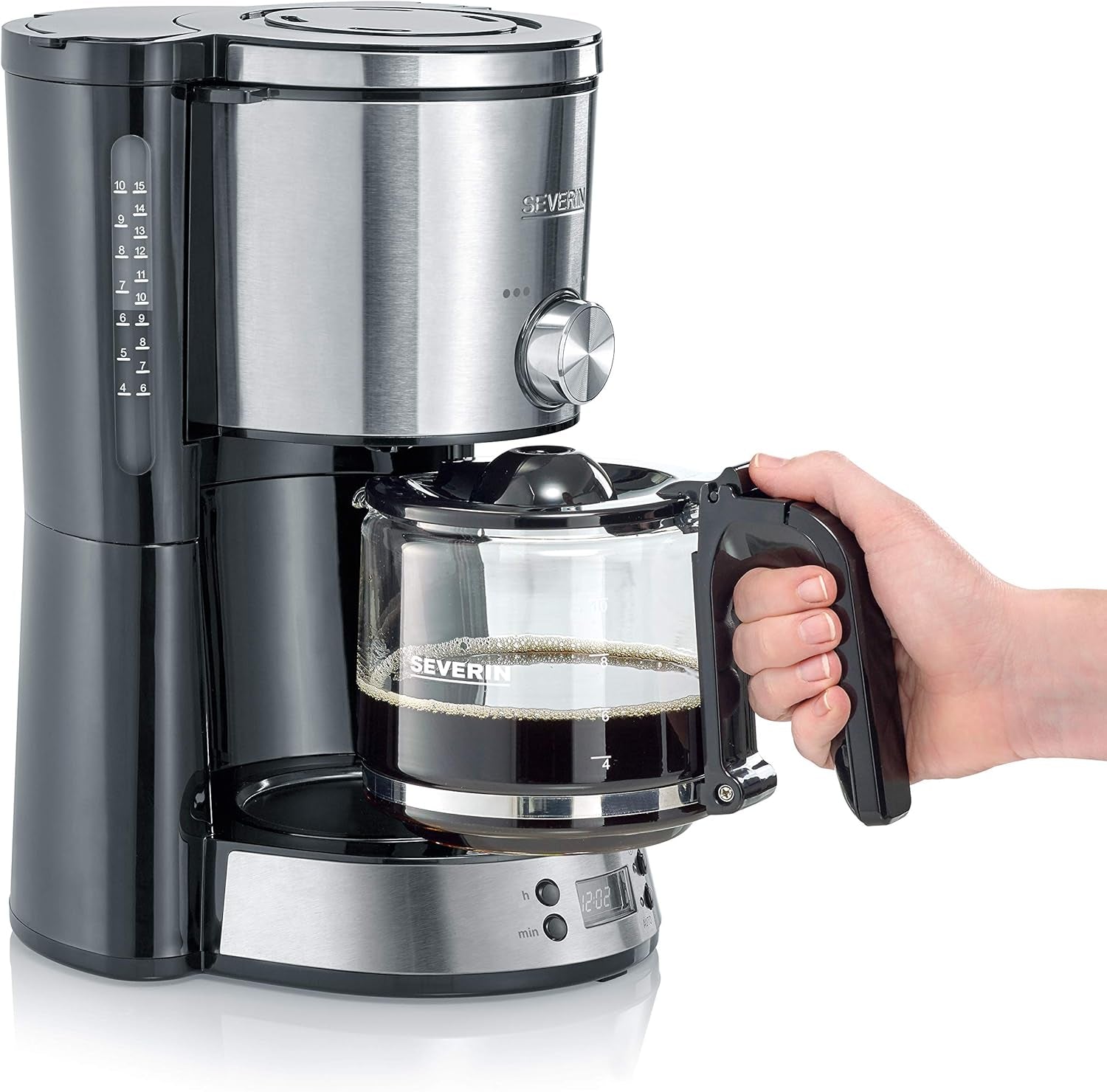 SEVERIN "TypeSwitch" espressomaskin med glaskaraff och timer, AromaSwitch för att välja 2 bryggalternativ, digital klocka med timerfunktion, för upp till 10 koppar, 1000W, borstat rostfritt stål-svart, KA 4826