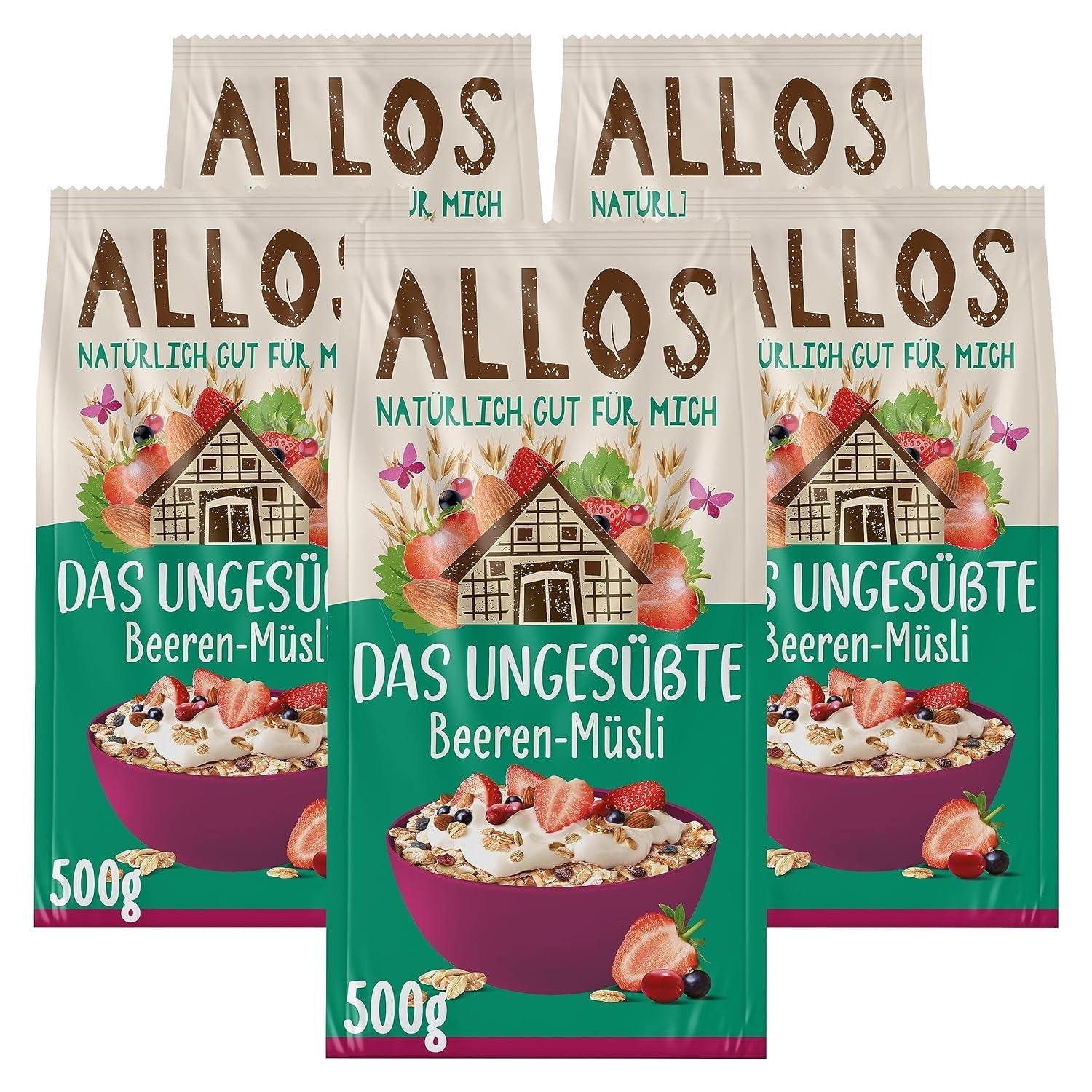 Allos osötad proteinmüsli | Ekologisk müsli | Havregryn | Spannmål till frukost | Vegansk (5 x 450 g), 1 st (pack om 5)