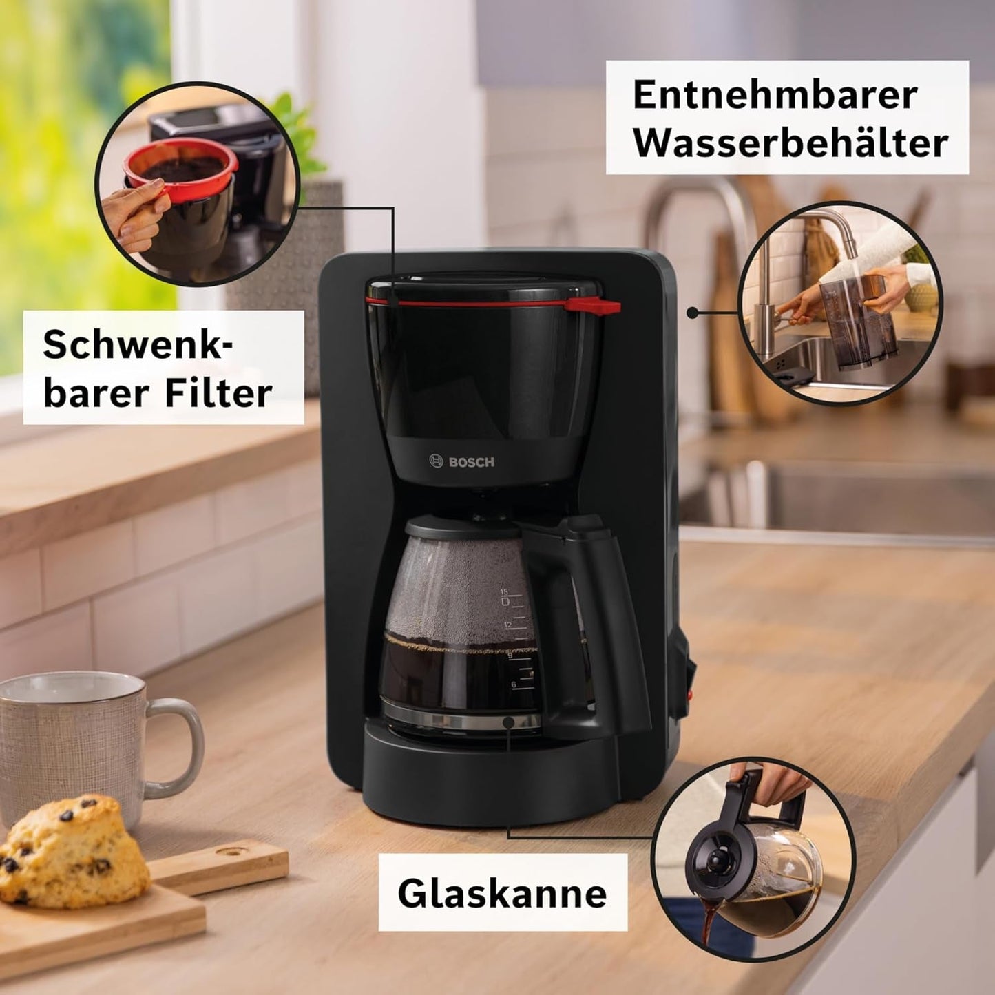 Bosch MyMoment TKA2M113 Filter Espressobryggare, 1,25L glaskaraff, 10-15 koppar, 40 minuters varmhållningsfunktion, Antidroppsystem, Roterande filterhållare, Löstagbar vattentank, 1200 Watt, Mattsvart