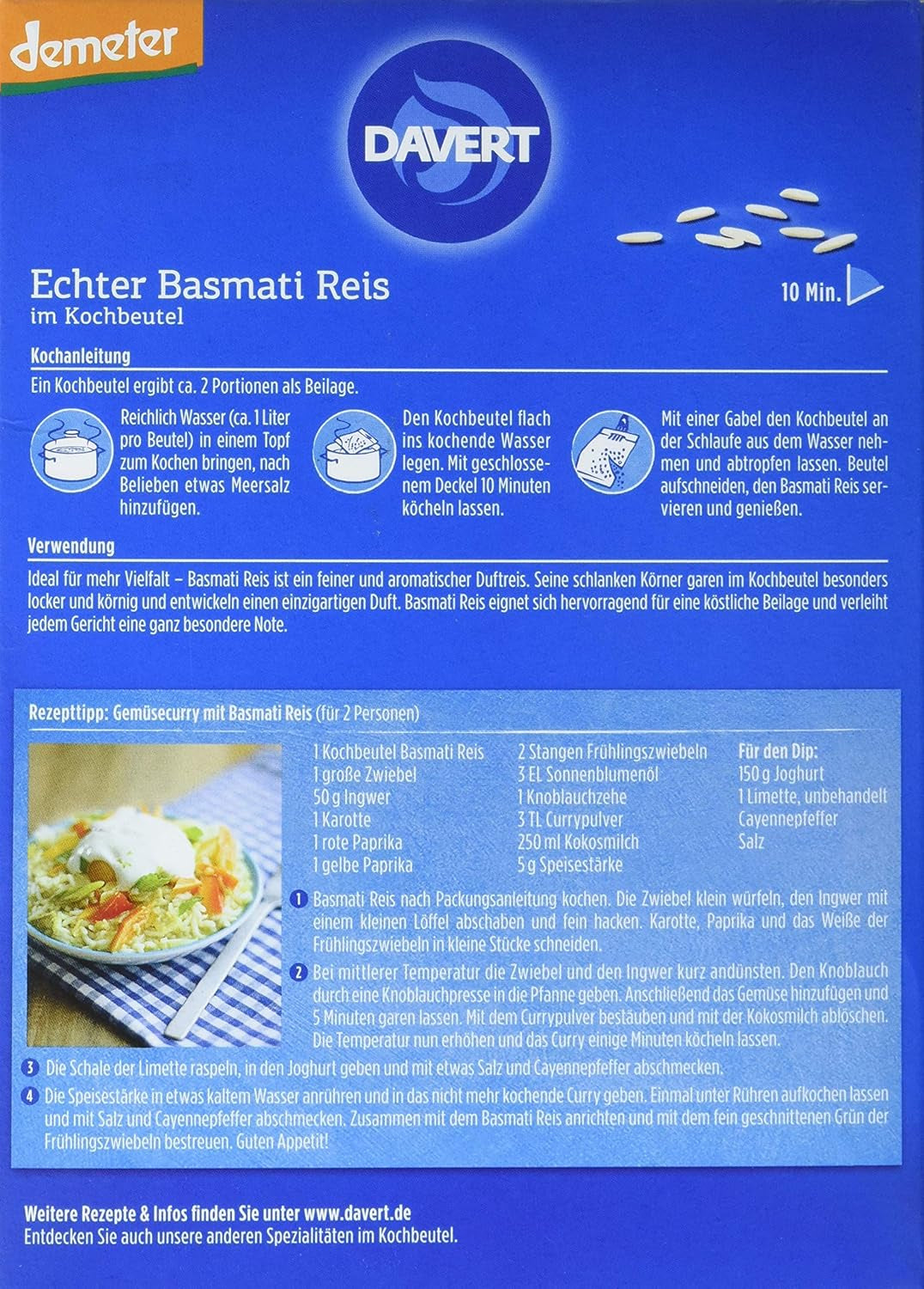 Davert ekologiskt basmatiris i matlagningspåsar, 2 påsar, 250g