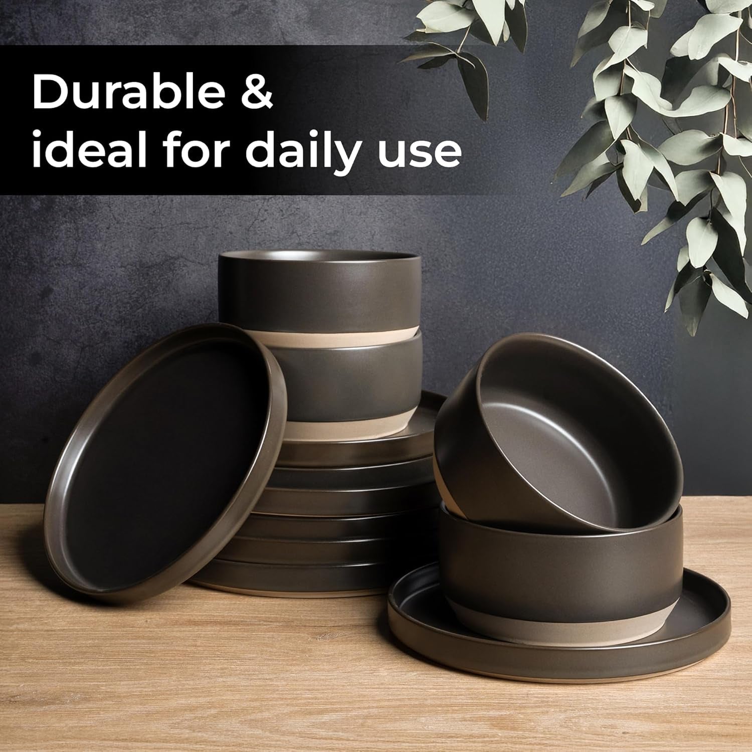 MIAMIO - 4-personers tallriksset / 4-personers keramiskt servisset, diskmaskin och mikrovågssäkert servis av stengods - Sierra Collection (mörka tallrikar, stora tallrikar (4x))