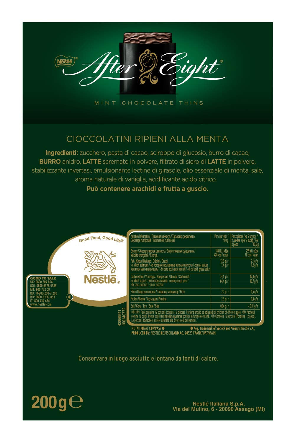 NESTLÉ AFTER EIGHT tunna mörka chokladrutor med mintgräddefyllning för finsmakare Paket om 5 (1 x 200g)