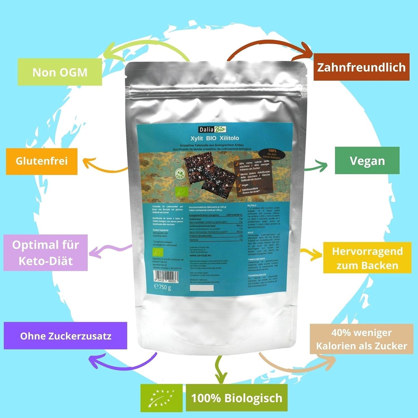 Bio Xylitol Bio | Aus Biologischer Landwirtschaft | 40 % lägre kalorier Zahnfreundlich | Ideal Zum Kochen Und Backen, 750 G Sweeteners Naty Shop