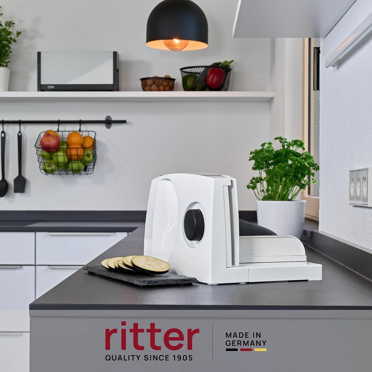 Ritter Markant 05 Multifunktionell hopfällbar elektrisk brödskärare och skivare med ekomotor Tillverkad i Tyskland Strimlare och skivare Naty Shop