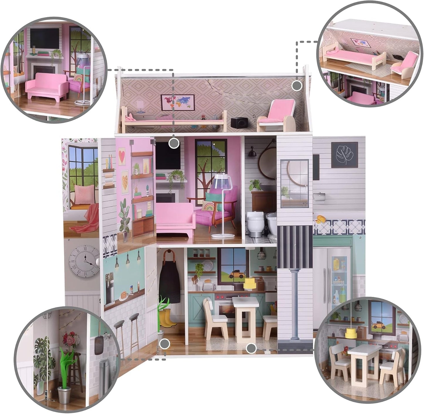Olivia's Little World Dreamland 3-lagers interaktivt dockhus i trä med 13 tillbehör till dockmöbler Vit TD-13632A