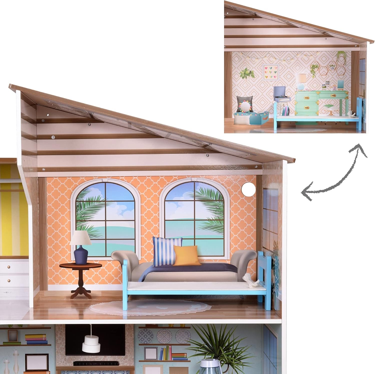 Olivia's Little World Modern medelhavsstil 3-våningars interaktivt dockhus i trä för barn med 17 tillbehör till dockmöbler Flerfärgad TD-13551B