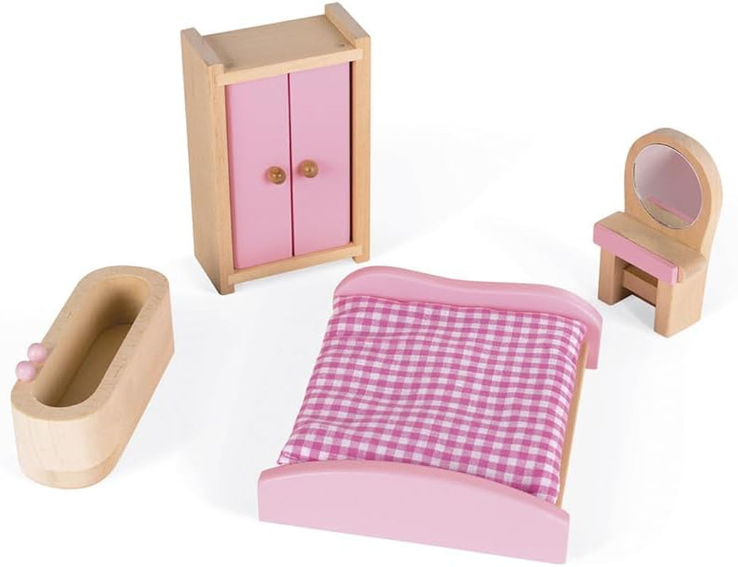 Janod - Mademoiselle Wooden Dollhouse, 3 våningar och 11 tillbehör, replikleksak, utvecklar fantasin, åldrar 3+, J06581, Pink Naty Shop Dollhouses